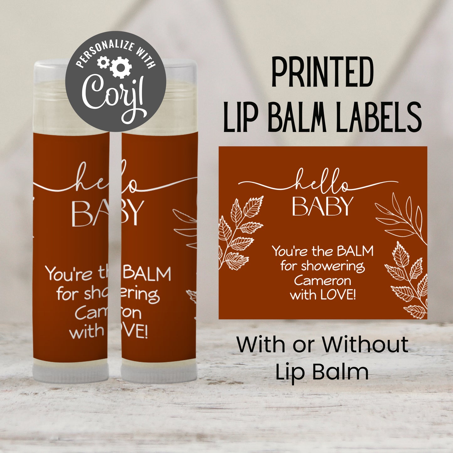 Burnt Orange Hello Baby Chapstick Favors: Rustic Fall or Gender Neutral Baby Shower Gift