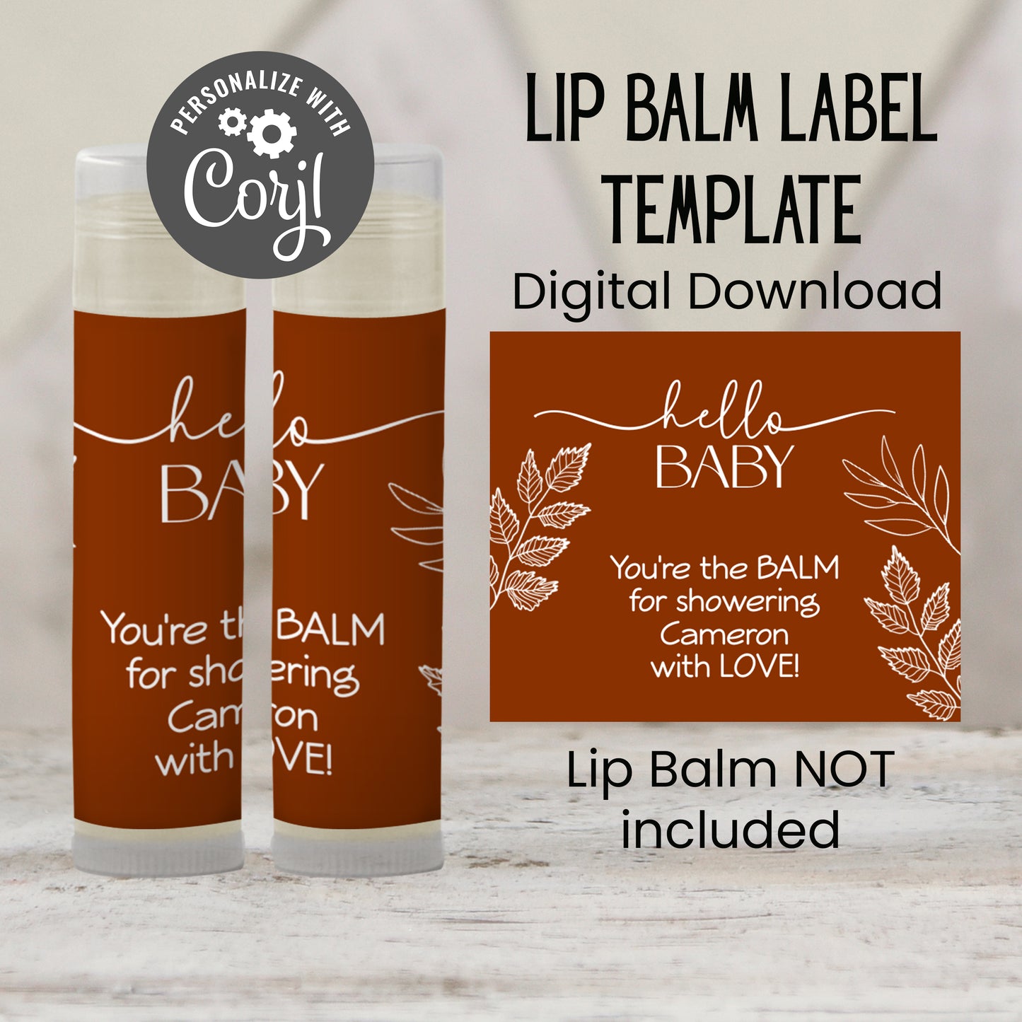 Burnt Orange Hello Baby Lip Balm Label Template: Rustic Fall Gender Neutral Baby Shower Favor