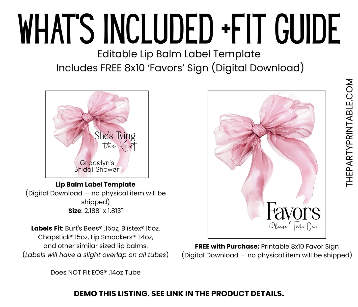 She’s Tying the Knot Lip Balm Label Template: Pink Bow Bridal Shower Favor