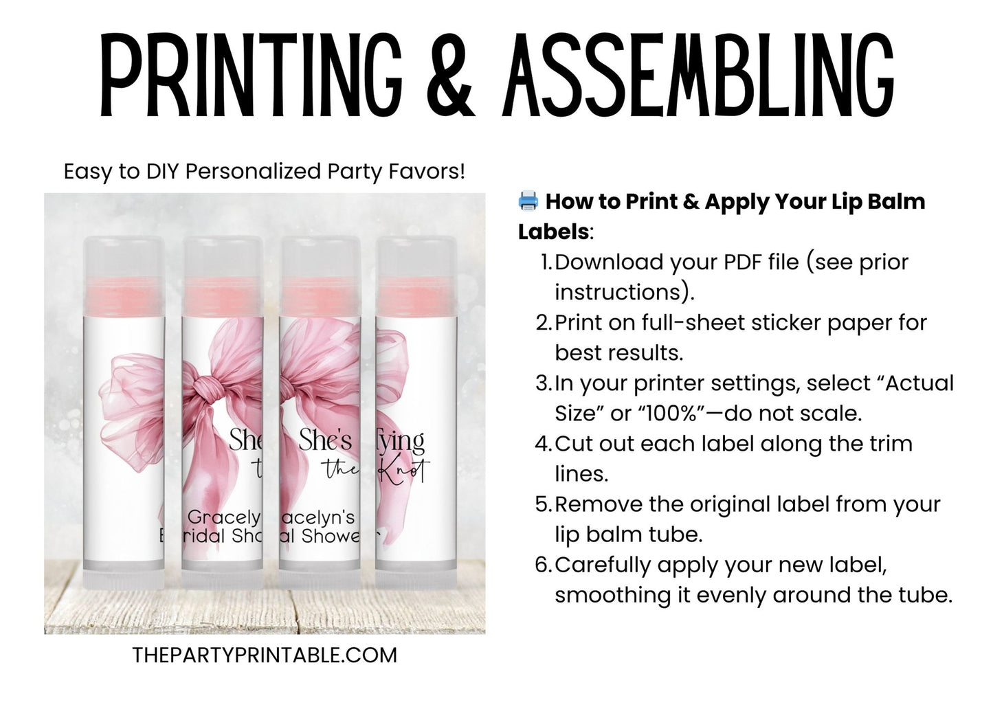 She’s Tying the Knot Lip Balm Label Template: Pink Bow Bridal Shower Favor