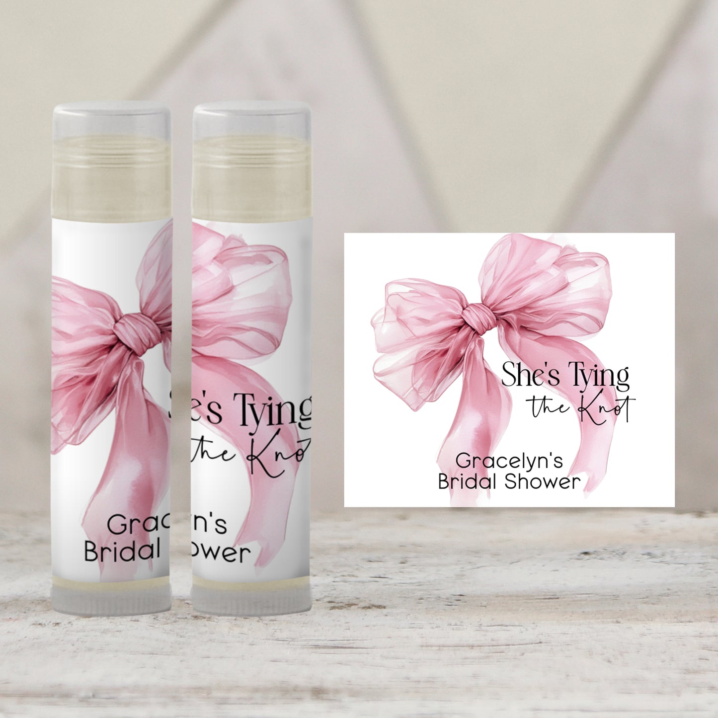 She’s Tying the Knot Lip Balm Label Template: Pink Bow Bridal Shower Favor