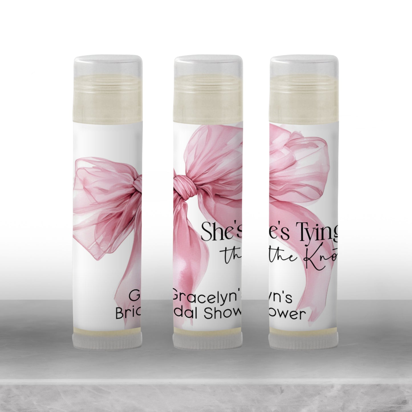 She’s Tying the Knot Lip Balm Label Template: Pink Bow Bridal Shower Favor