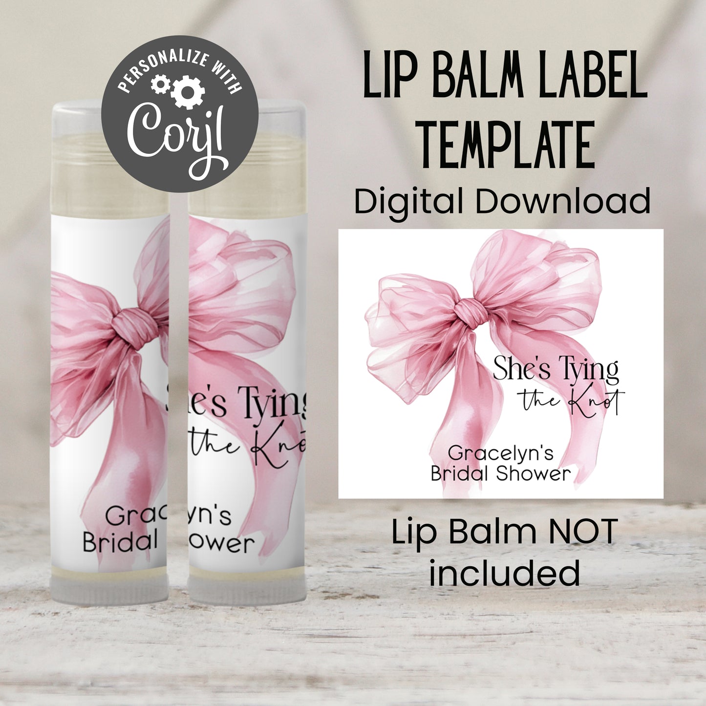 She’s Tying the Knot Lip Balm Label Template: Pink Bow Bridal Shower Favor