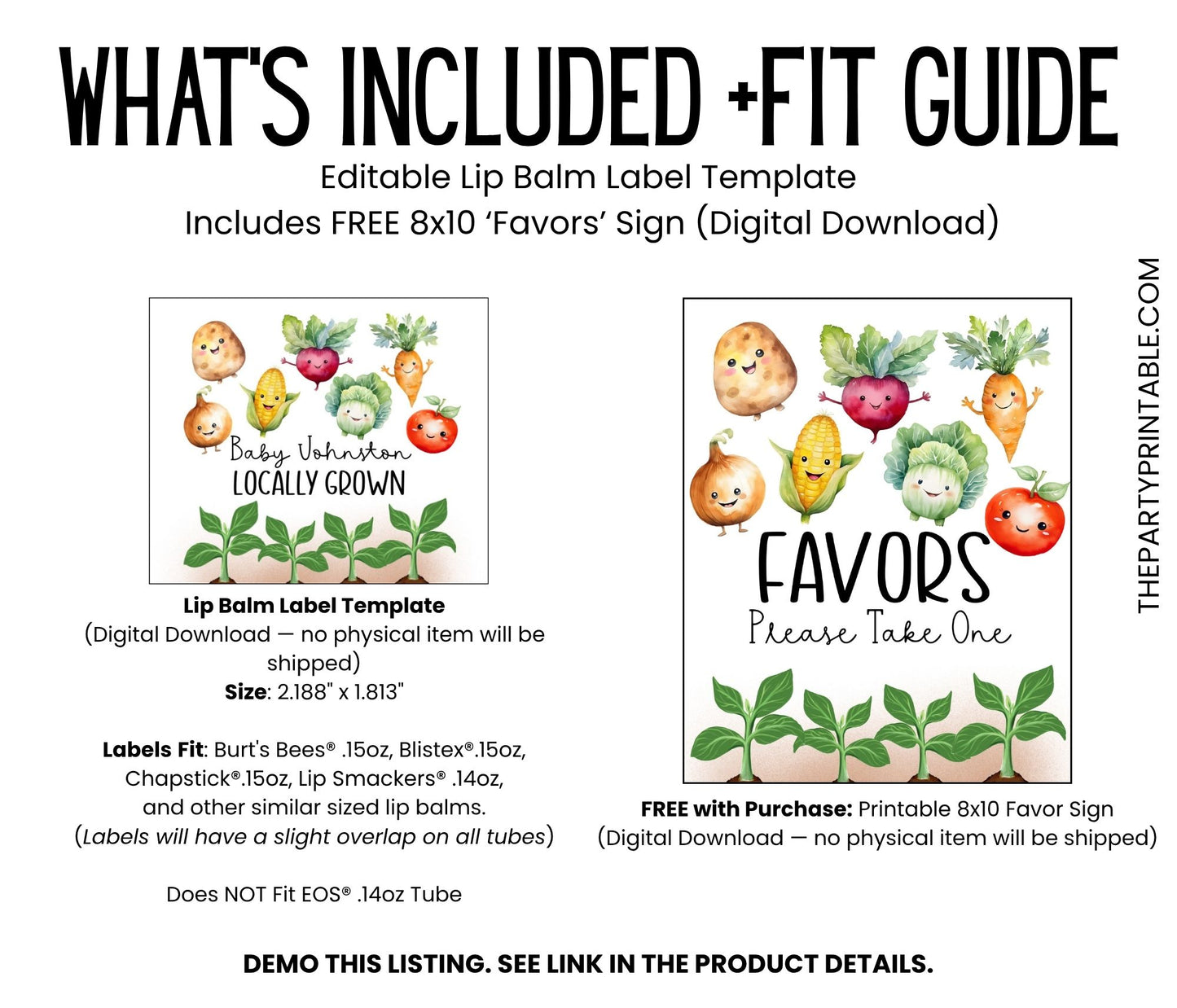 Farm Fresh Baby Shower Lip Balm Label Template: Veggie Theme, Farmers Market Favor