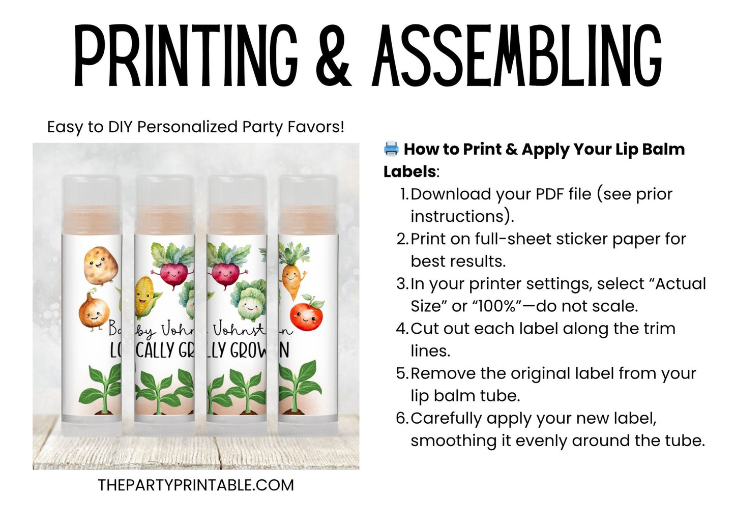 Farm Fresh Baby Shower Lip Balm Label Template: Veggie Theme, Farmers Market Favor