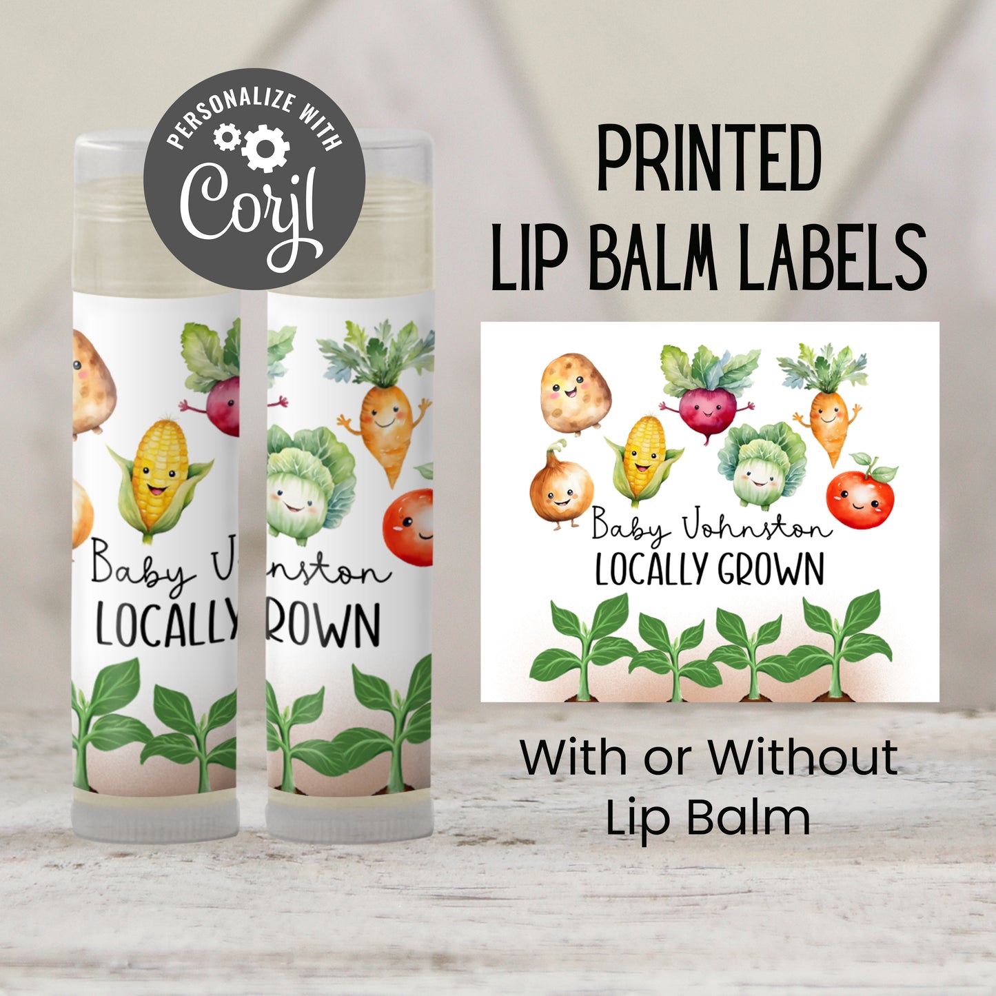 Locally Grown Baby Shower Chapstick Favors: Farmers Market, Veggie Garden Theme