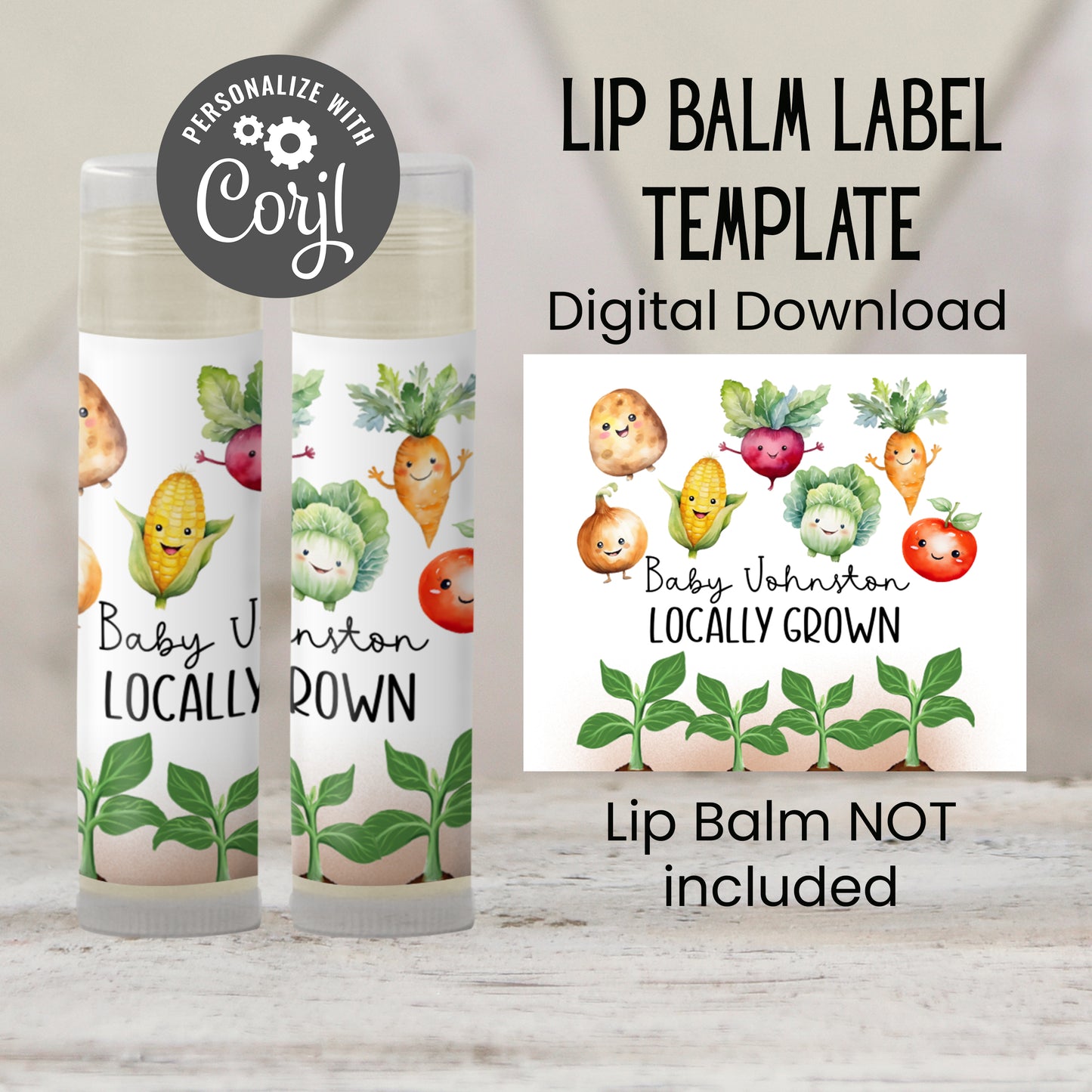 Farm Fresh Baby Shower Lip Balm Label Template: Veggie Theme, Farmers Market Favor