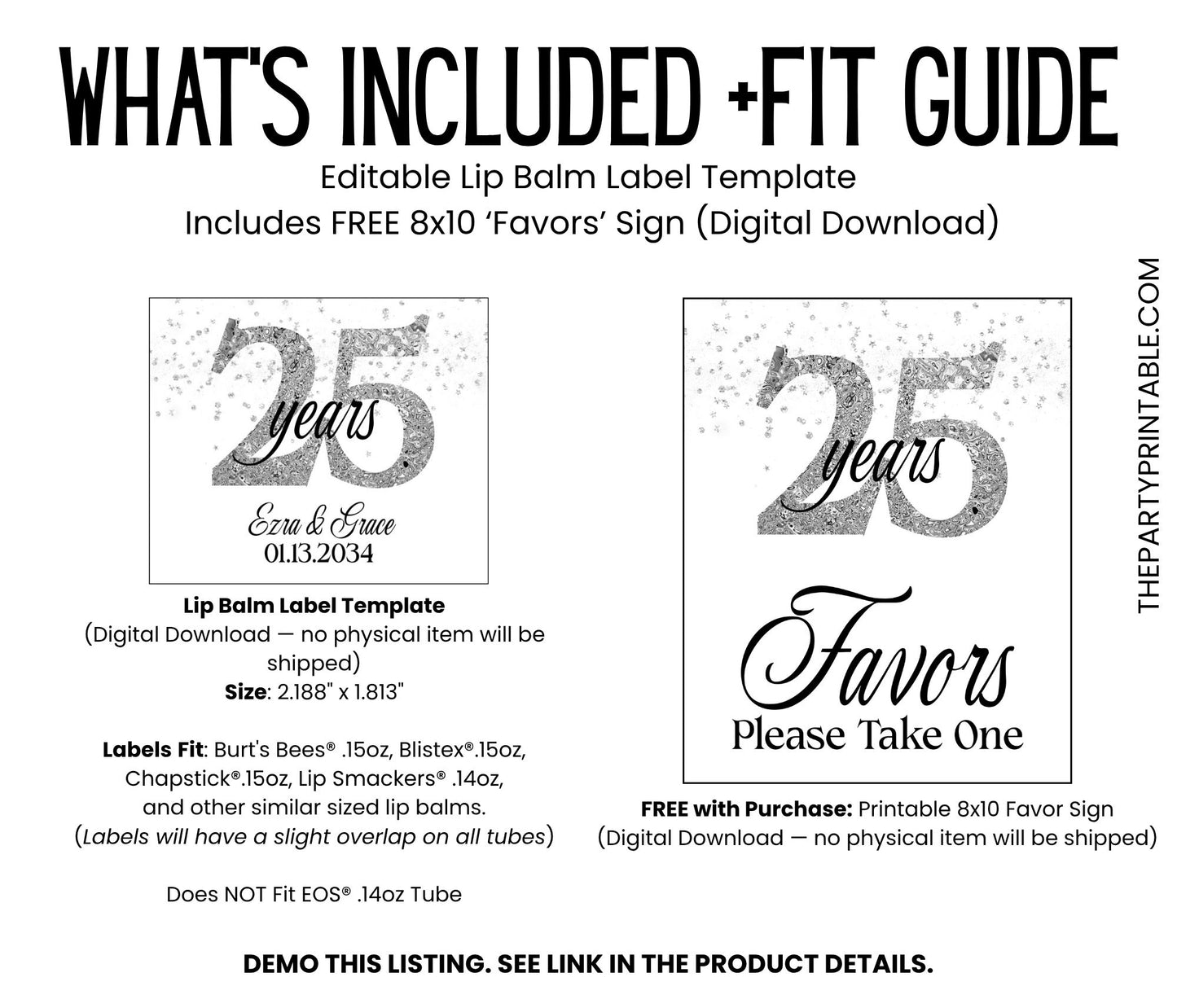 25th Wedding Anniversary Favor Lip Balm Label TEMPLATE | Editable Silver Anniversary Party | Printable 25 Years Celebration Sticker 3001