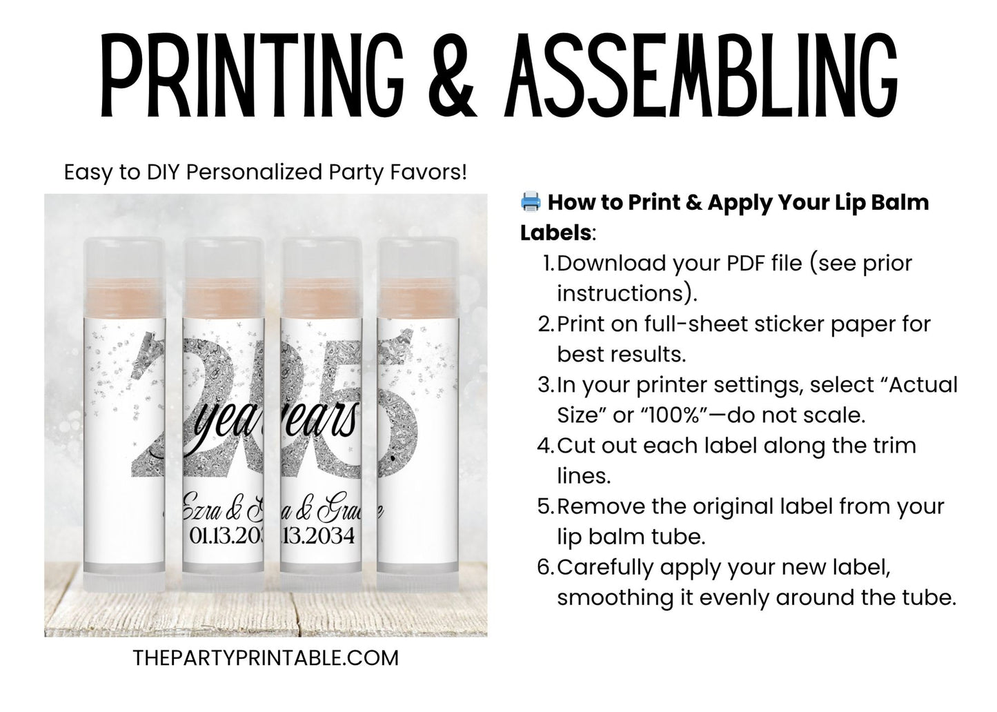 25th Wedding Anniversary Favor Lip Balm Label TEMPLATE | Editable Silver Anniversary Party | Printable 25 Years Celebration Sticker 3001