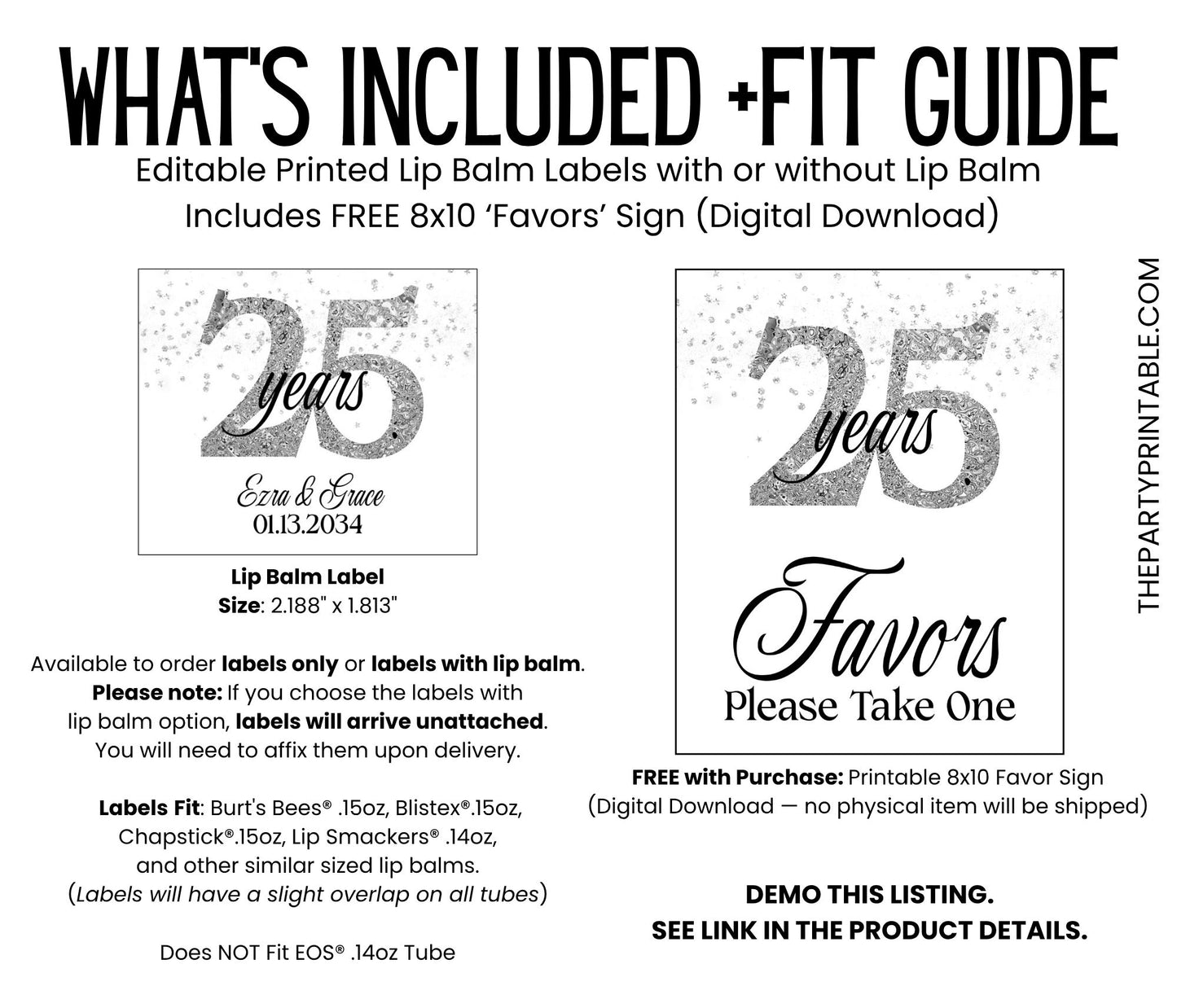 25th Anniversary Favors PRINTED Lip Balm Labels or Lip Balm | Silver 25 Years Celebration | Wedding Anniversary Guest Thank You Gift 3001