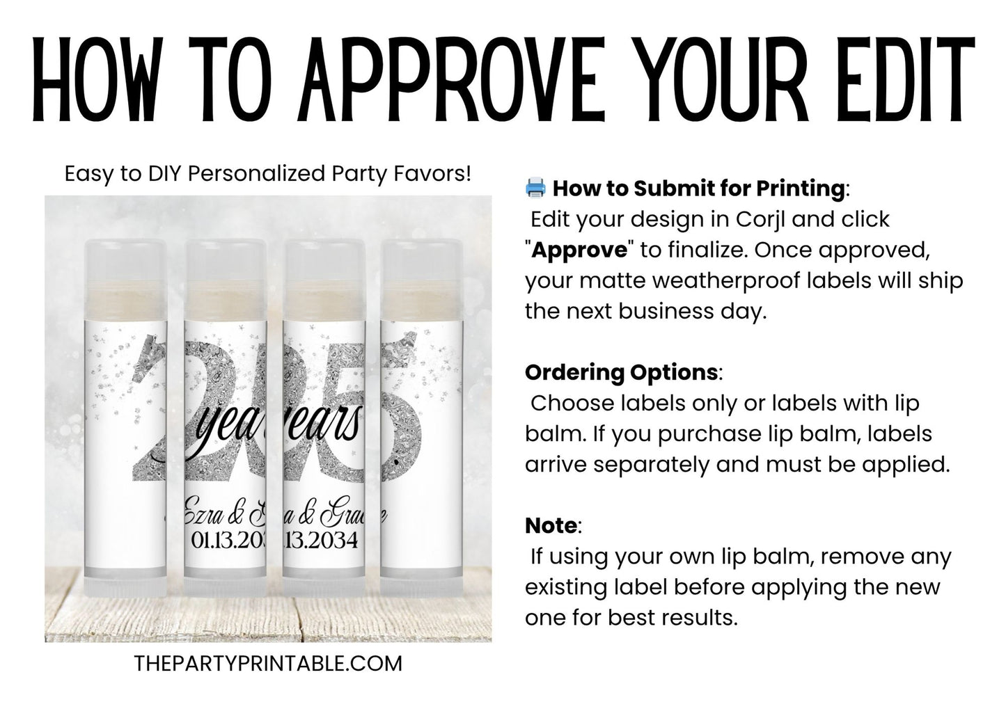 25th Anniversary Favors PRINTED Lip Balm Labels or Lip Balm | Silver 25 Years Celebration | Wedding Anniversary Guest Thank You Gift 3001