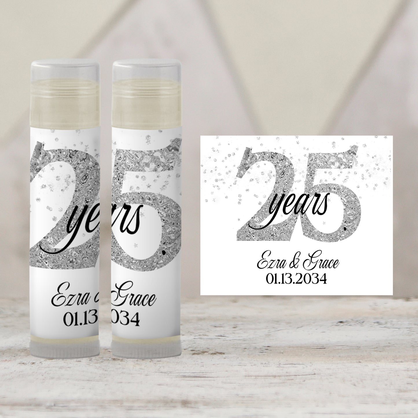 25th Wedding Anniversary Favor Lip Balm Label TEMPLATE | Editable Silver Anniversary Party | Printable 25 Years Celebration Sticker 3001