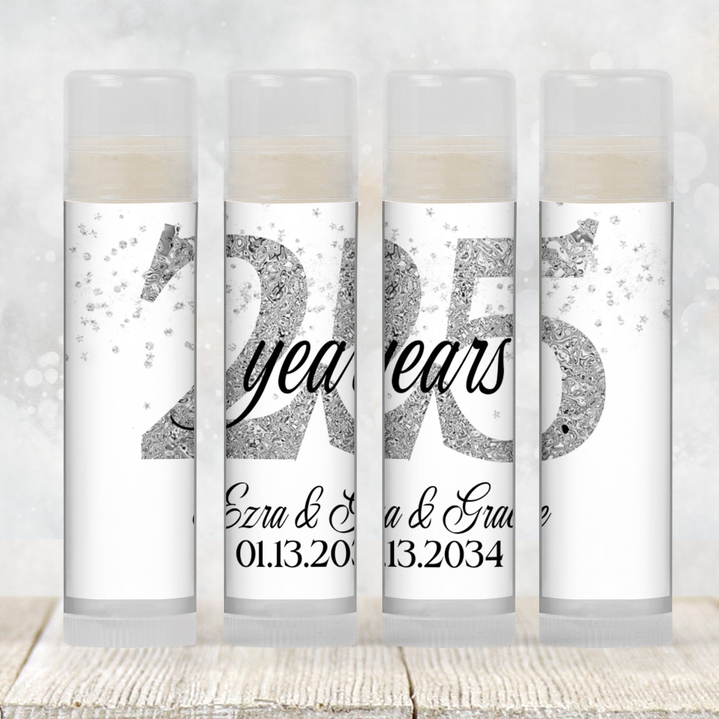 25th Anniversary Favors PRINTED Lip Balm Labels or Lip Balm | Silver 25 Years Celebration | Wedding Anniversary Guest Thank You Gift 3001