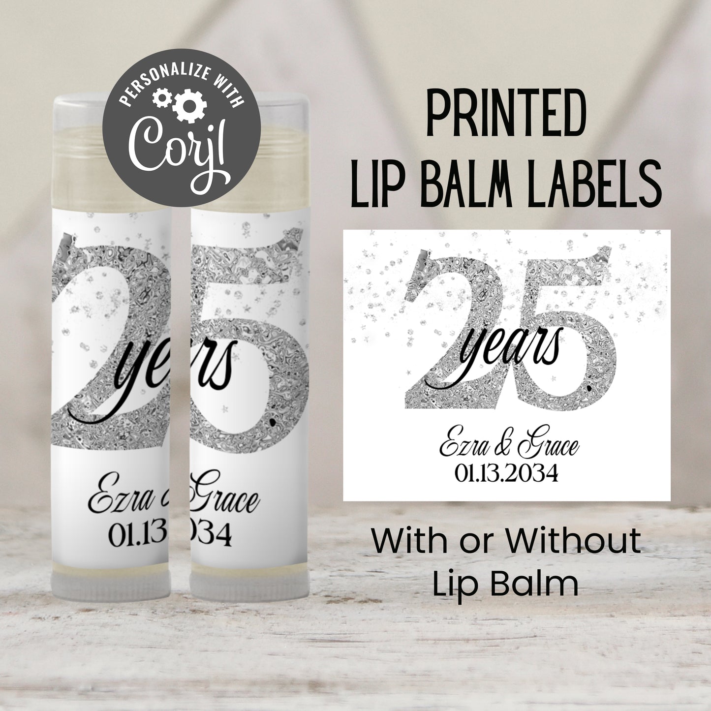 25th Anniversary Favors PRINTED Lip Balm Labels or Lip Balm | Silver 25 Years Celebration | Wedding Anniversary Guest Thank You Gift 3001