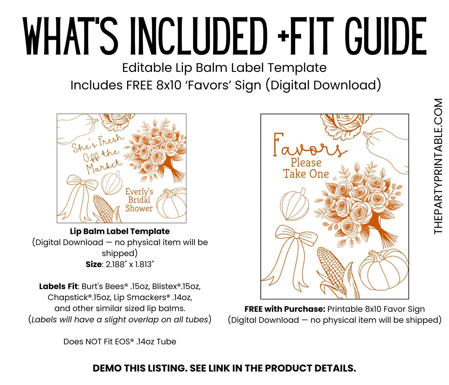 Fresh Off the Market Lip Balm Label Template: Orange Fall Bridal Shower Favor