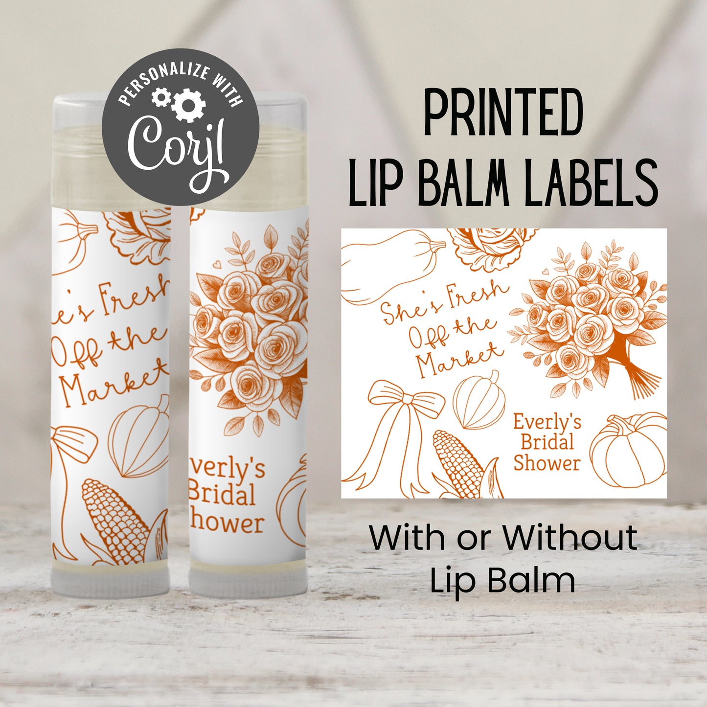Fresh Off the Market Chapstick Favors: Fall Bridal Shower, Orange Autumn Guest Gift