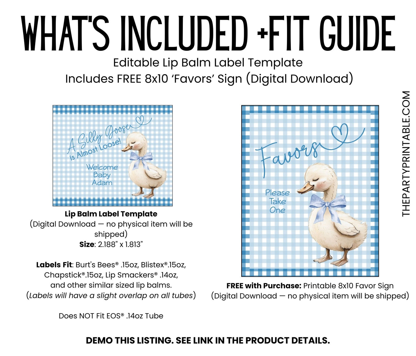 Blue Silly Goose Is Almost Loose Baby Shower Lip Balm Label Template: Boy Favor (Digital Download)