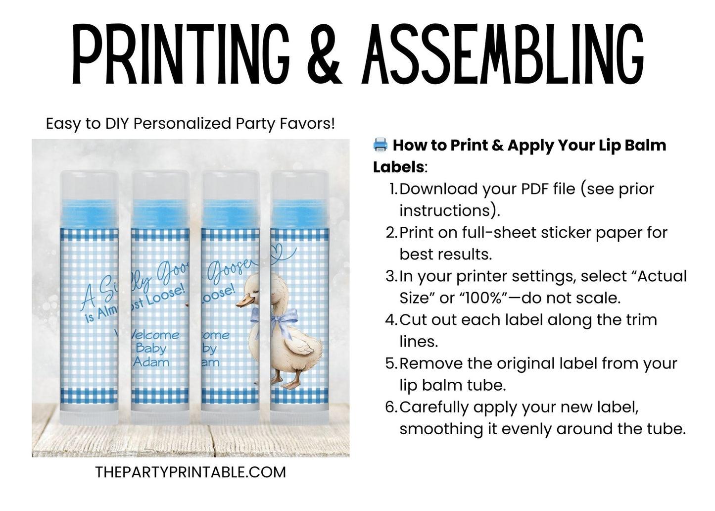 Blue Silly Goose Is Almost Loose Baby Shower Lip Balm Label Template: Boy Favor (Digital Download)
