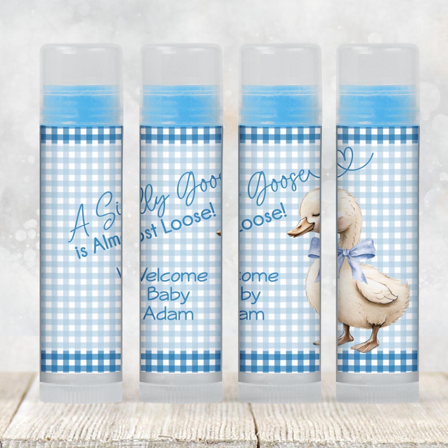 Blue Silly Goose Is Almost Loose Baby Shower Lip Balm Label Template: Boy Favor (Digital Download)