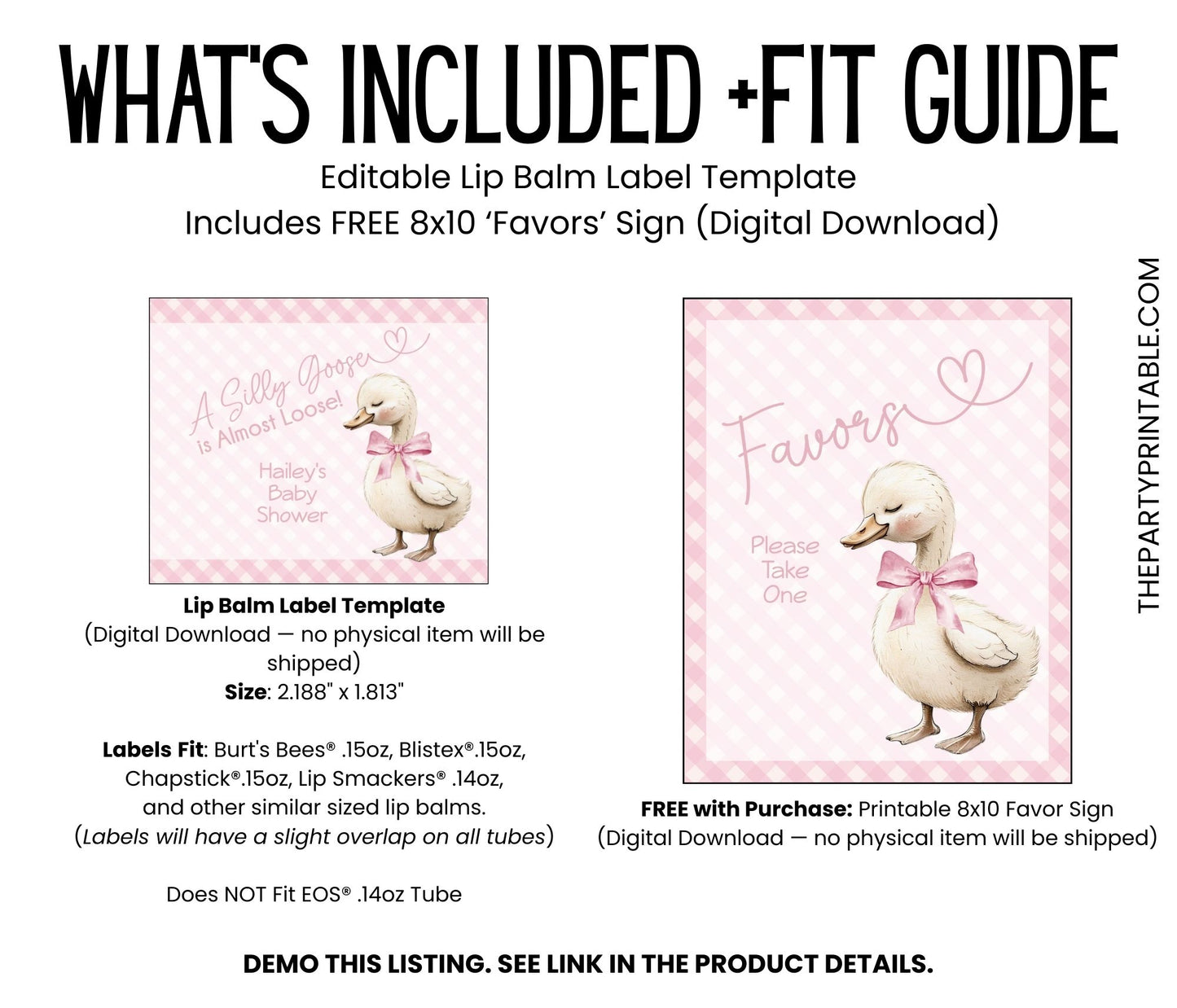 Pink Silly Goose Is Almost Loose Baby Shower Chapstick Label Template: Girl Favor (Digital Download)