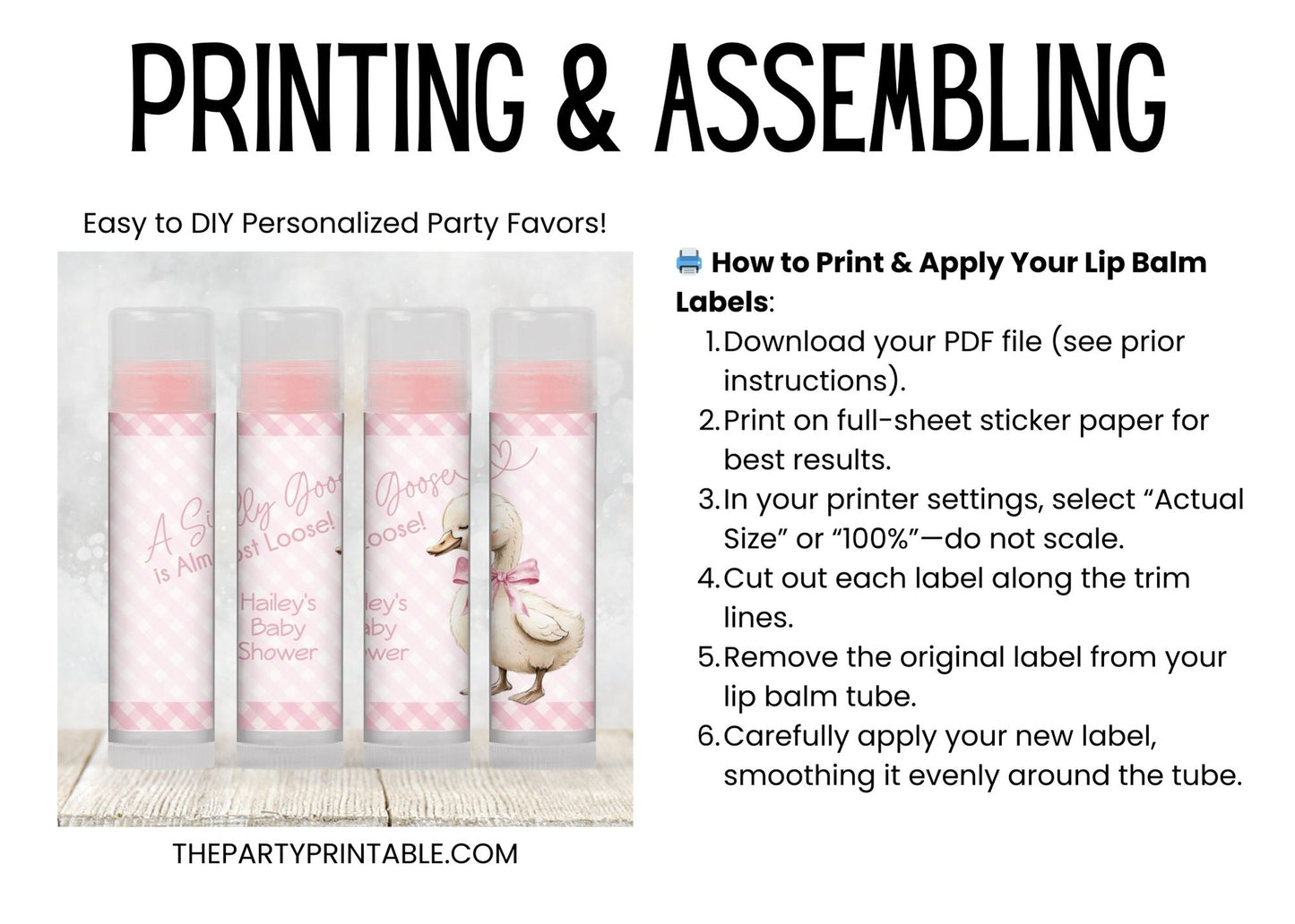 Pink Silly Goose Is Almost Loose Baby Shower Chapstick Label Template: Girl Favor (Digital Download)