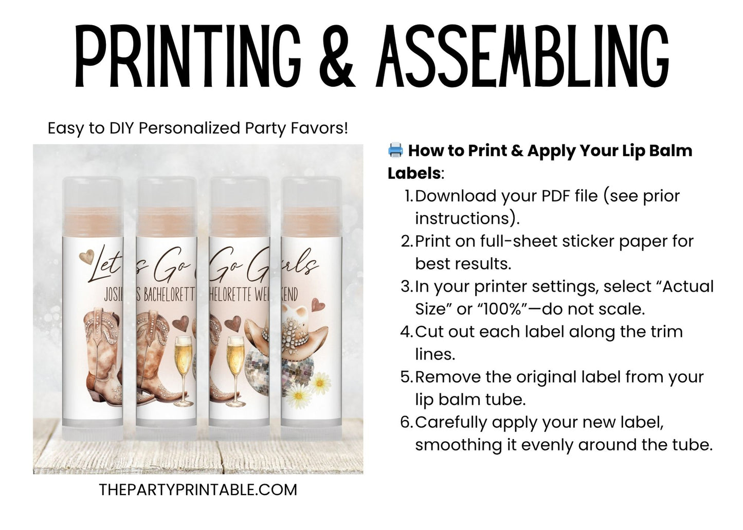 Let's Go Girls Bachelorette Favor Lip Balm Label TEMPLATE | Editable Cowgirl Western Party | Nashville Printable Chapstick Sticker 3200