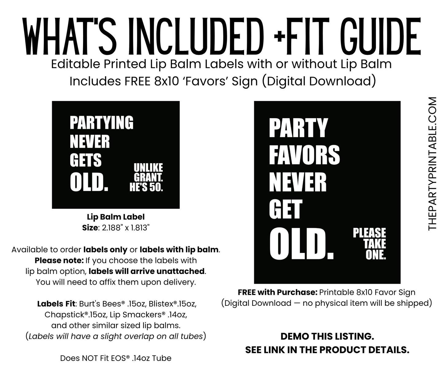 Partying Never Gets Old Favors PRINTED Lip Balm Labels or Lip Balm | Milestone Birthday Guest Thank You Gift | 40th–70th Birthday 3201