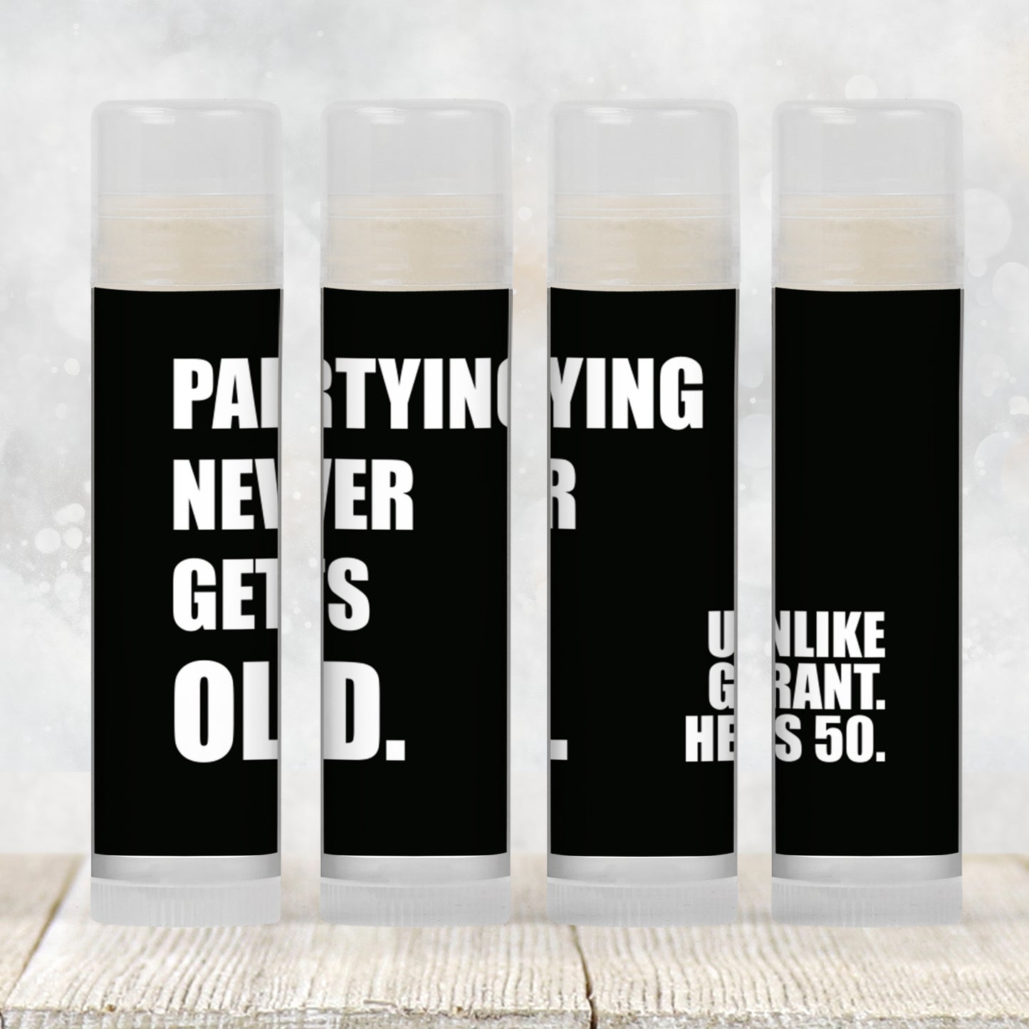 Partying Never Gets Old Favors PRINTED Lip Balm Labels or Lip Balm | Milestone Birthday Guest Thank You Gift | 40th–70th Birthday 3201