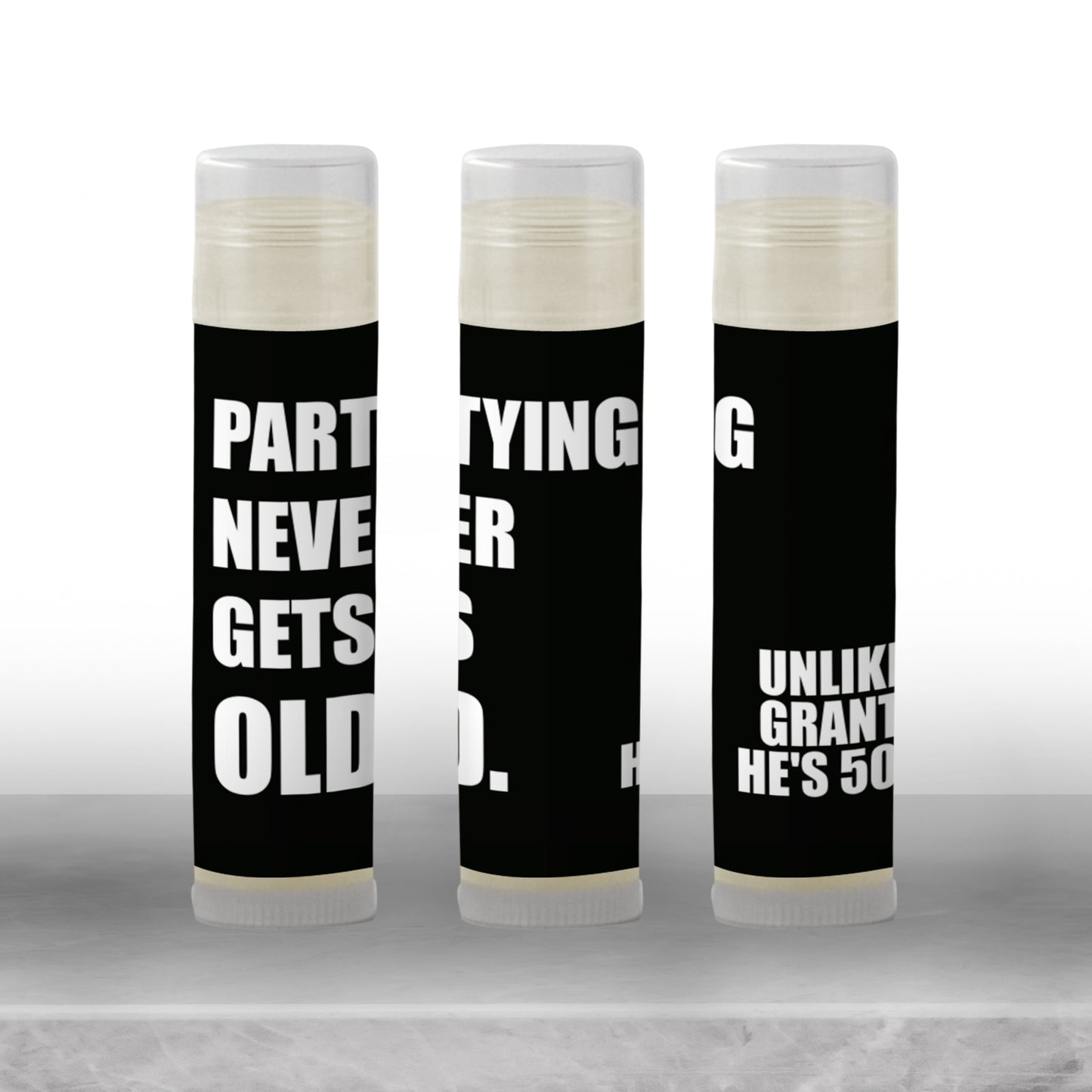 Partying Never Gets Old Favors PRINTED Lip Balm Labels or Lip Balm | Milestone Birthday Guest Thank You Gift | 40th–70th Birthday 3201