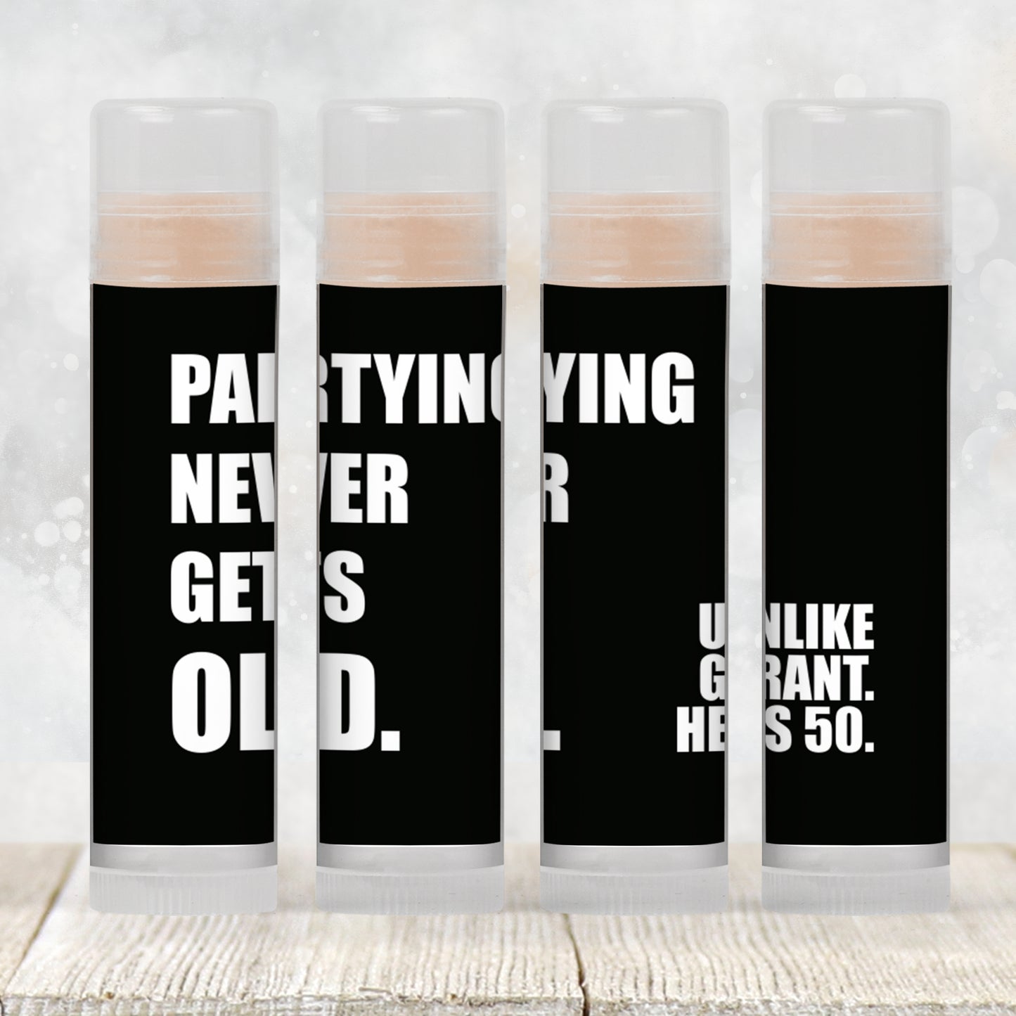 Partying Never Gets Old Lip Balm Label Template: Milestone Birthday Favor for Adults