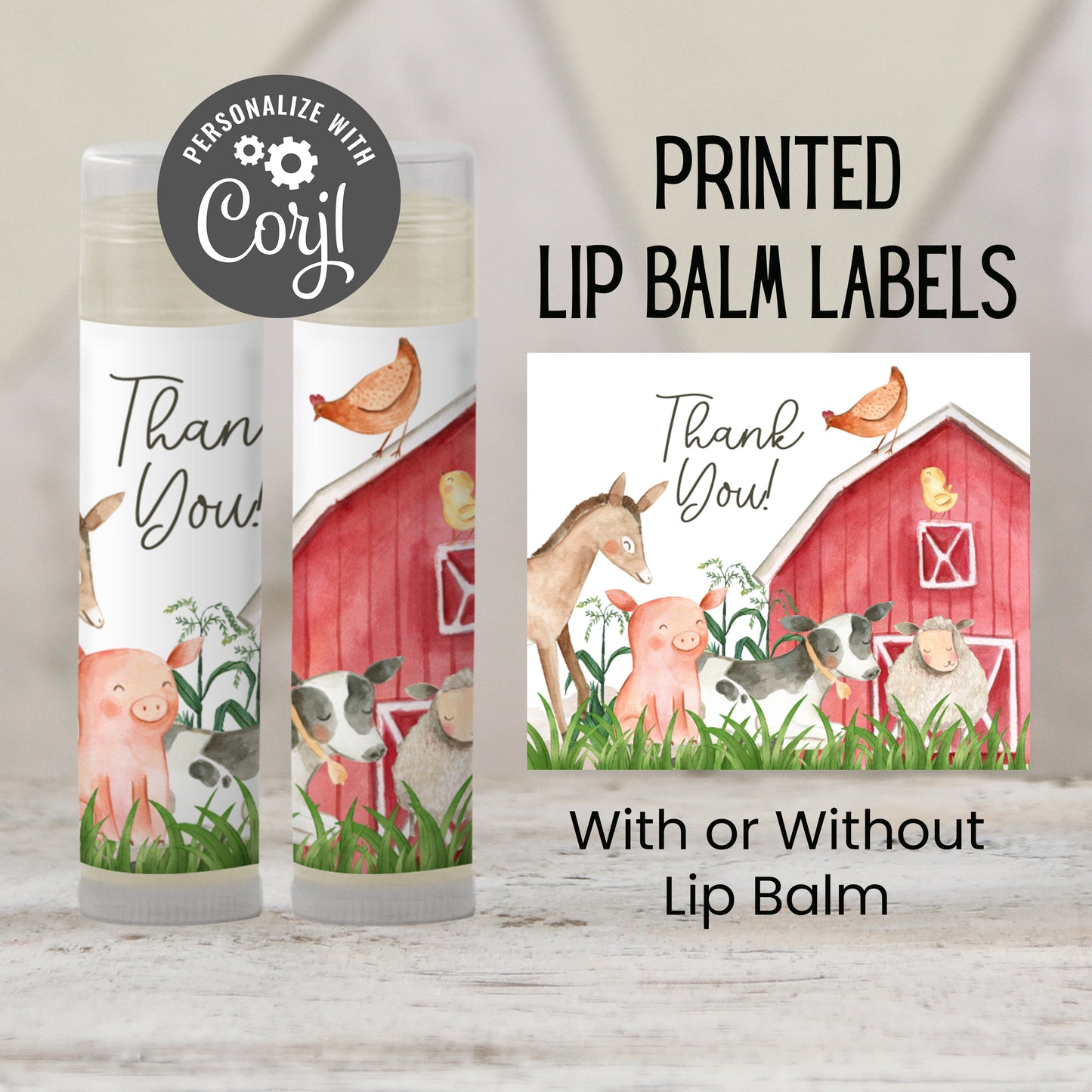 Editable Farm Baby Shower Favors | Chapstick Favor | Barnyard Baby Shower Favors | Farm Animals 1st Birthday Party Favors for Guests, 3202
