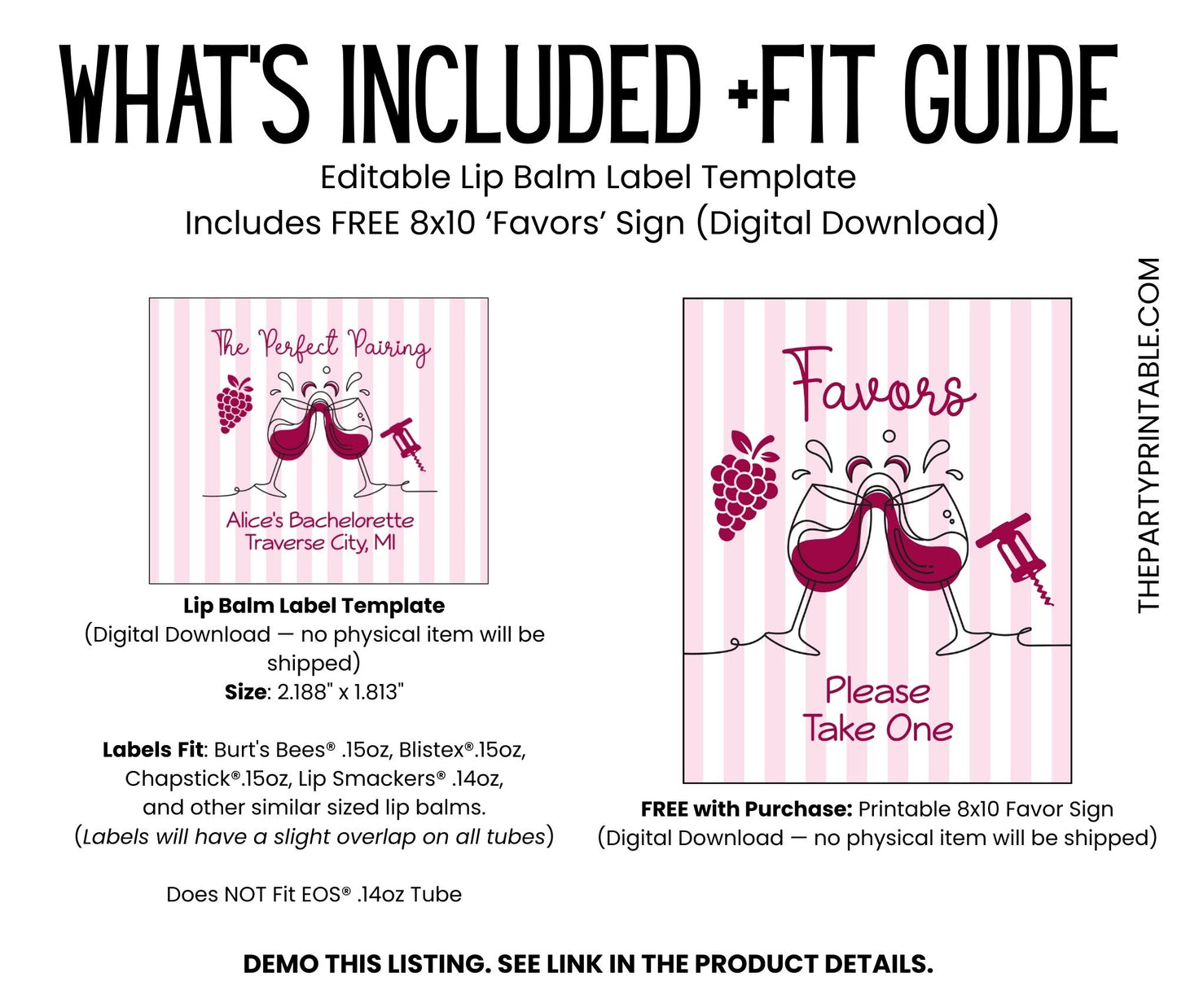 Printable Wine Theme Lip Balm Label TEMPLATE | Vino Bachelorette Favor | Vineyard Bridal Shower | Editable Girls Night Out Chapstick, 3203