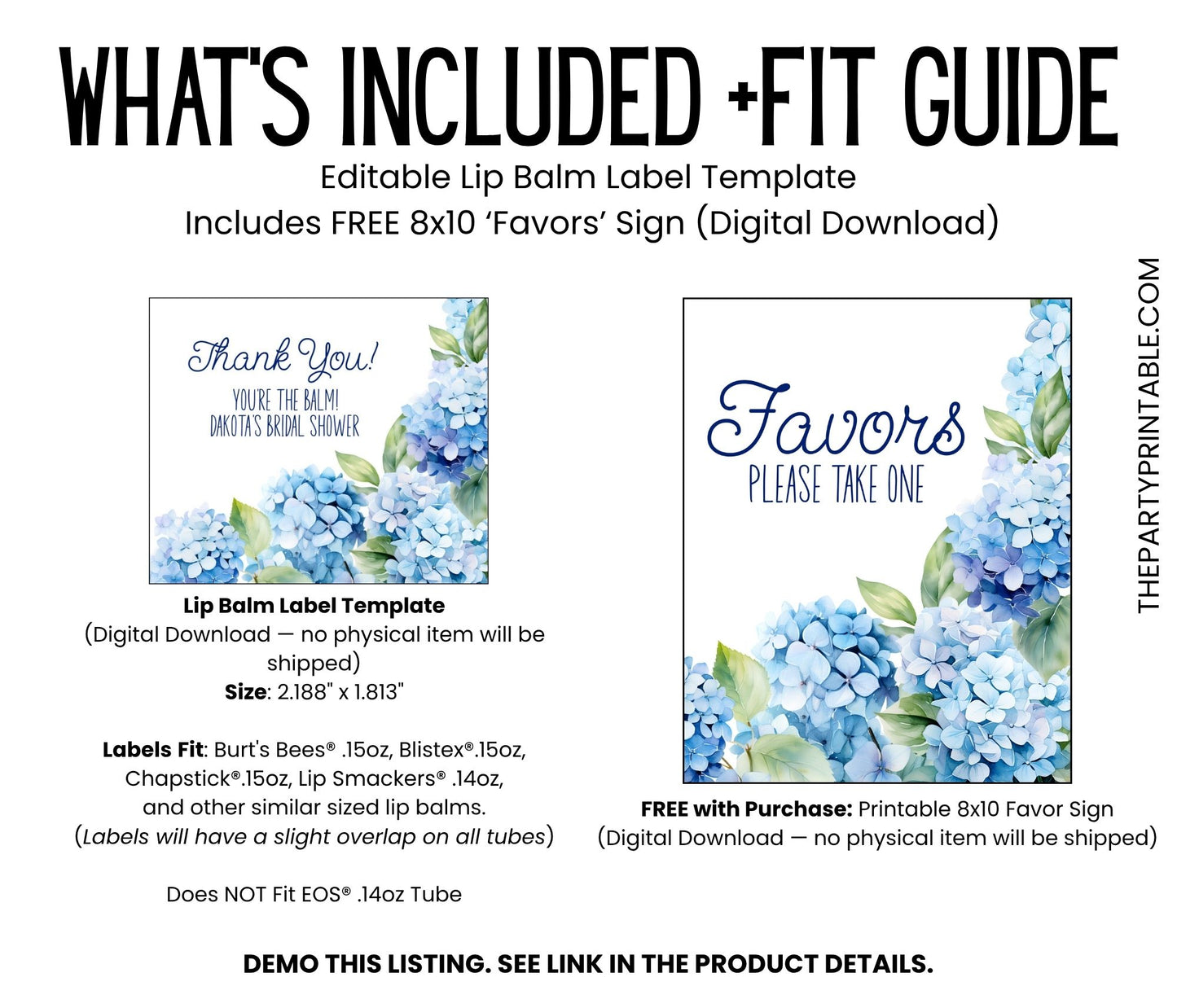 Hydrangea Lip Balm Label Template: Blue Bridal Shower Favor, Something Blue Theme
