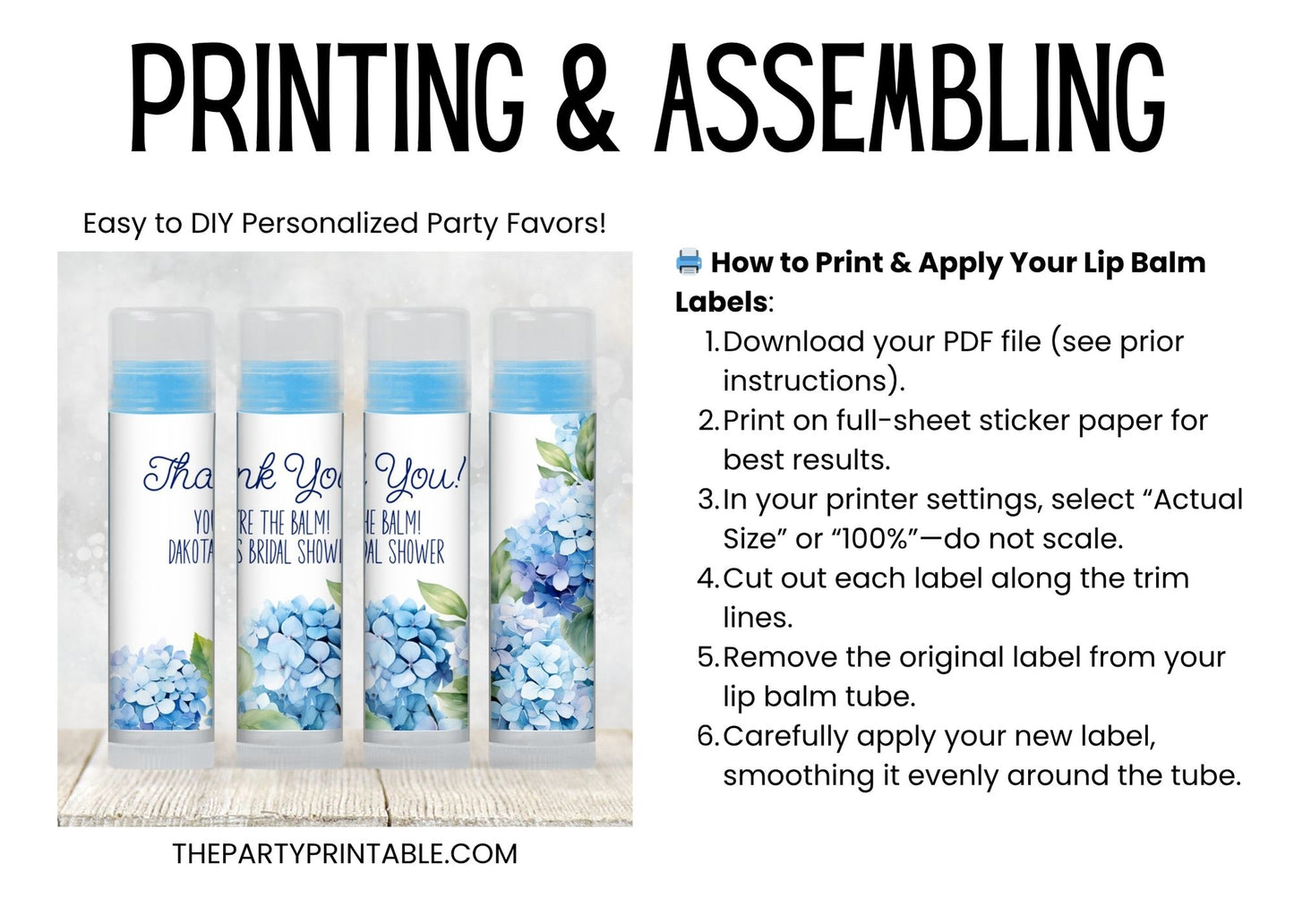 Hydrangea Lip Balm Label Template: Blue Bridal Shower Favor, Something Blue Theme