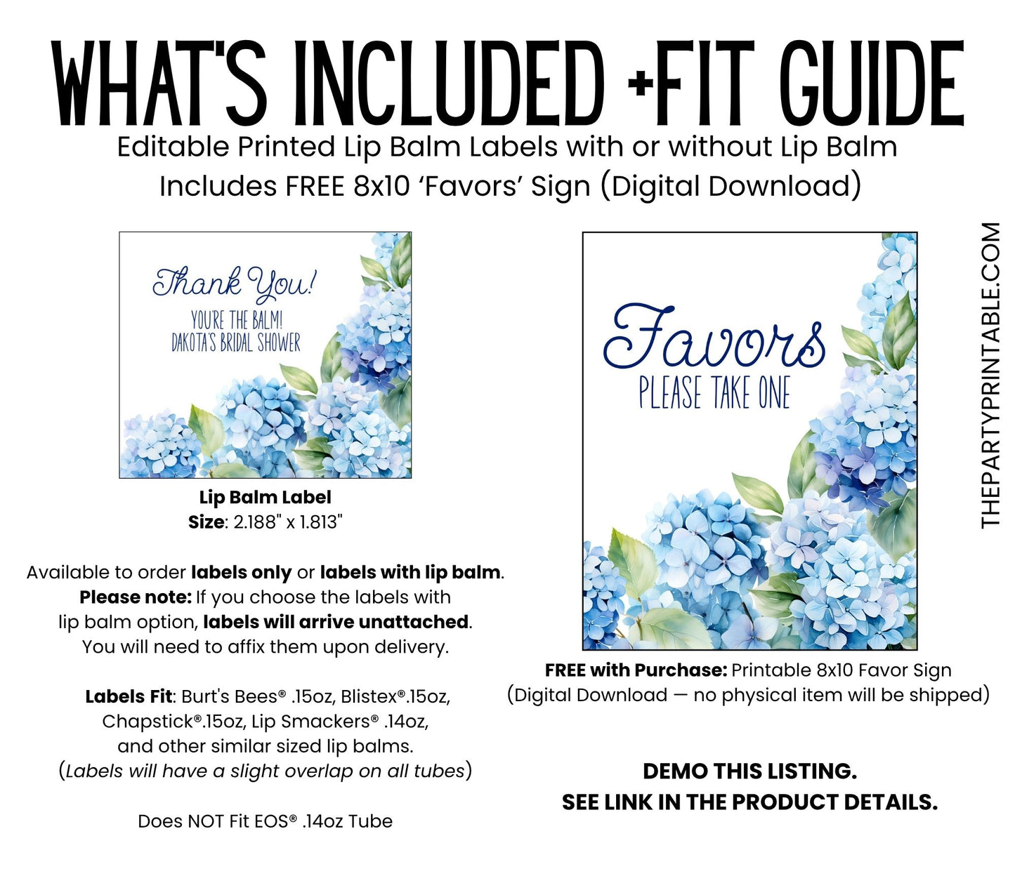 Hydrangea Favors PRINTED Lip Balm Labels or Lip Balm | Blue Floral Baby Shower or Wedding | Garden Bridal Shower Guest Gift 3400