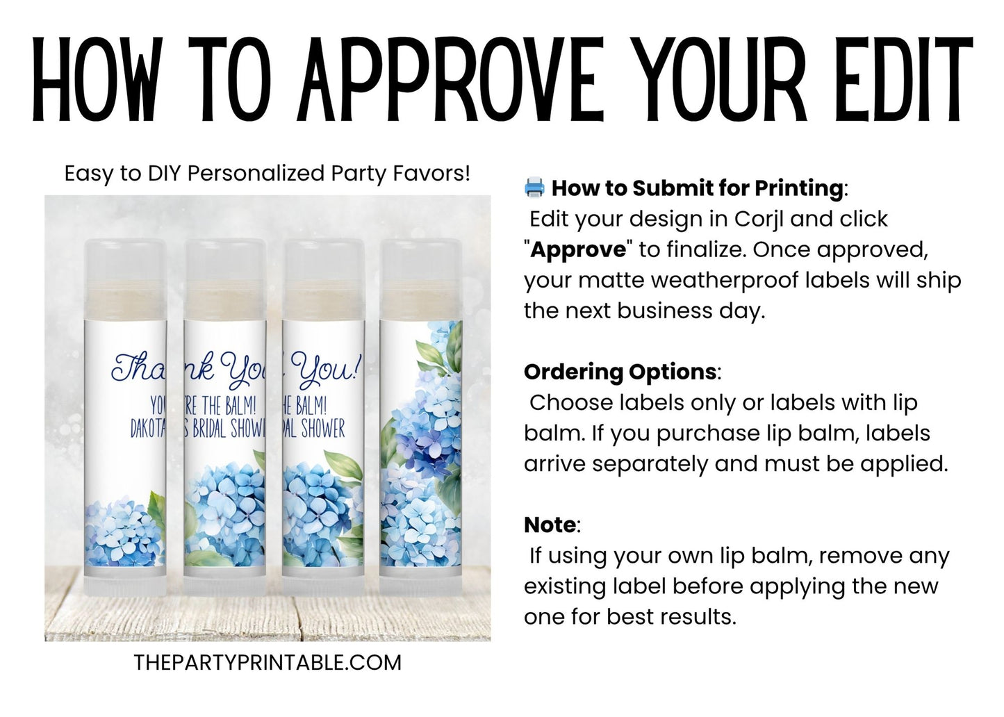 Hydrangea Favors PRINTED Lip Balm Labels or Lip Balm | Blue Floral Baby Shower or Wedding | Garden Bridal Shower Guest Gift 3400