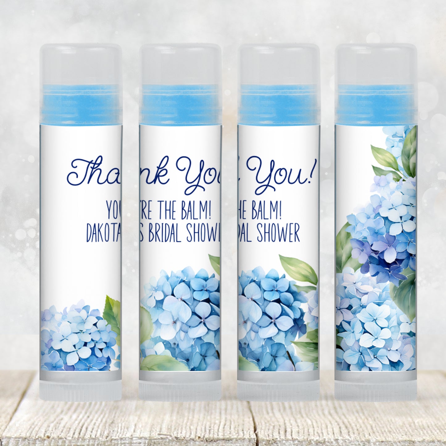 Hydrangea Lip Balm Label Template: Blue Bridal Shower Favor, Something Blue Theme