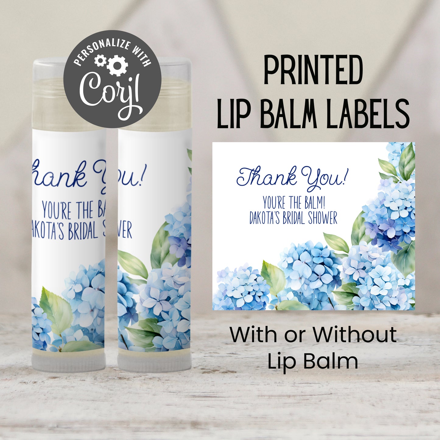 Hydrangea Favors PRINTED Lip Balm Labels or Lip Balm | Blue Floral Baby Shower or Wedding | Garden Bridal Shower Guest Gift 3400