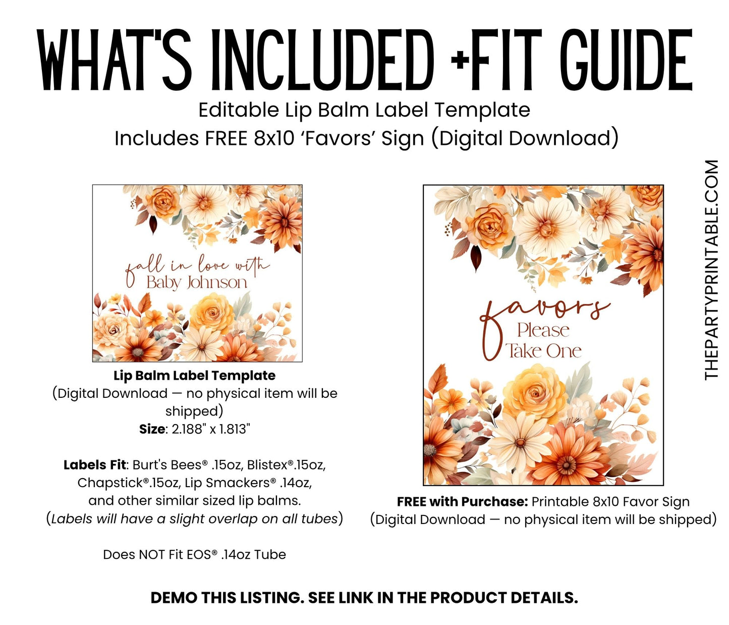 Fall in Love Baby Shower Lip Balm Label Template: Rustic Autumn Floral Favor
