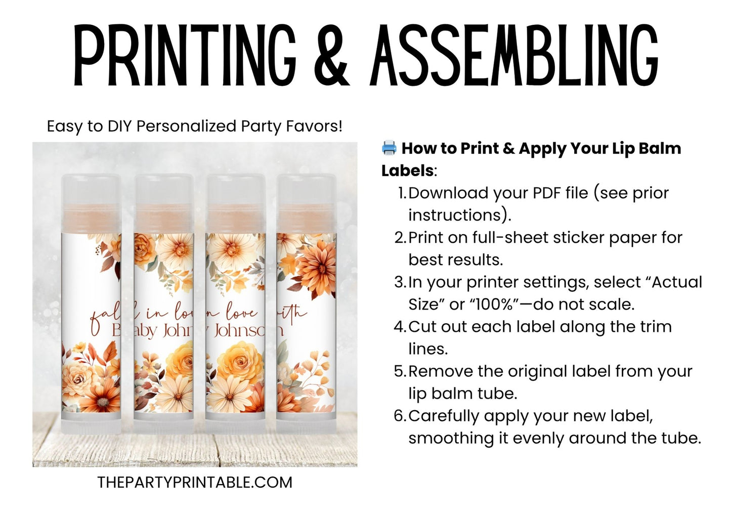 Fall in Love Baby Shower Lip Balm Label Template: Rustic Autumn Floral Favor