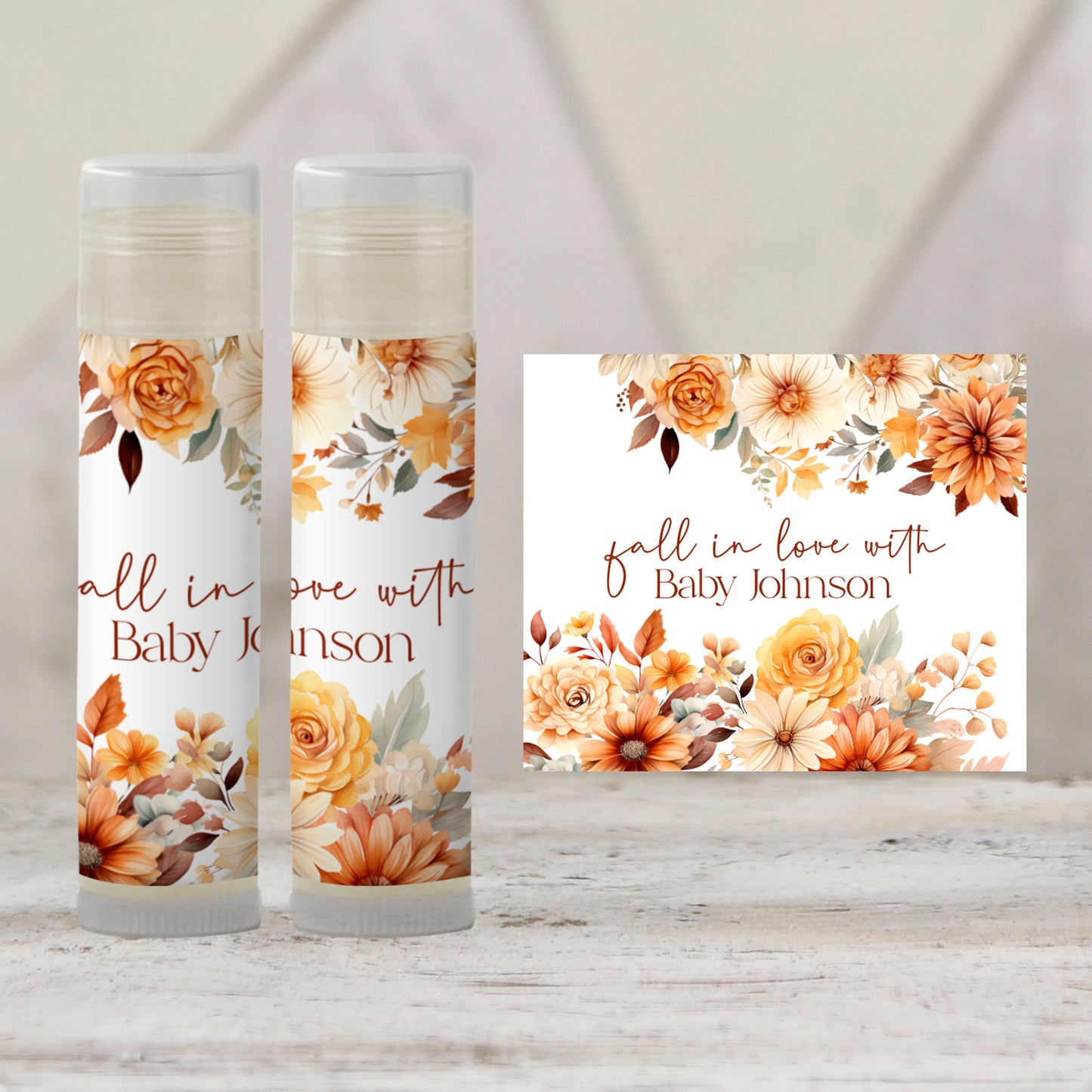 Fall in Love Baby Shower Lip Balm Label Template: Rustic Autumn Floral Favor