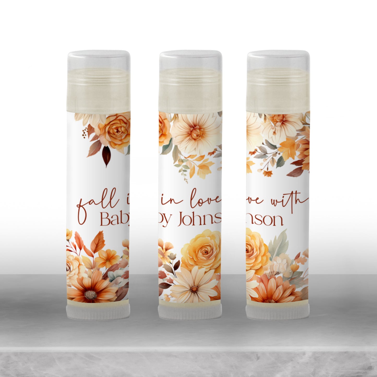 Fall in Love Baby Shower Lip Balm Label Template: Rustic Autumn Floral Favor