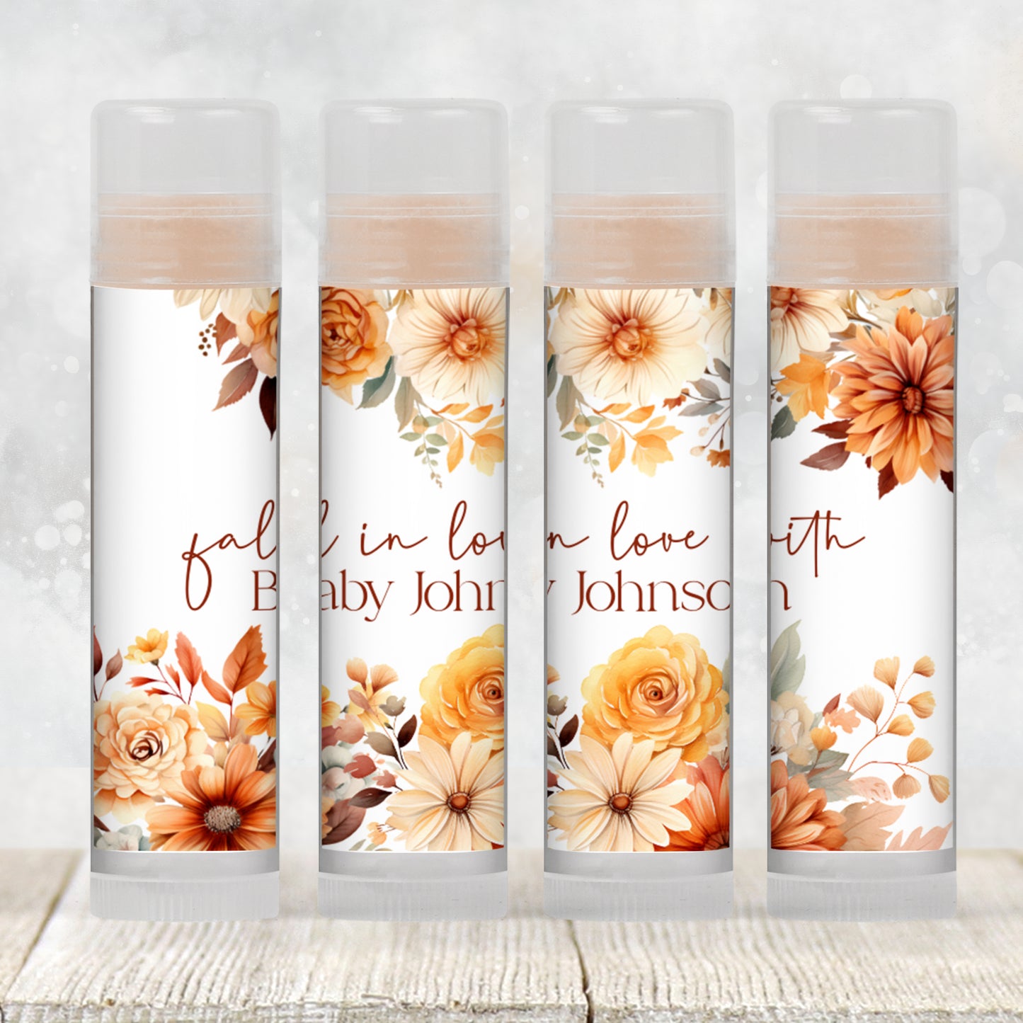 Fall in Love Baby Shower Lip Balm Label Template: Rustic Autumn Floral Favor