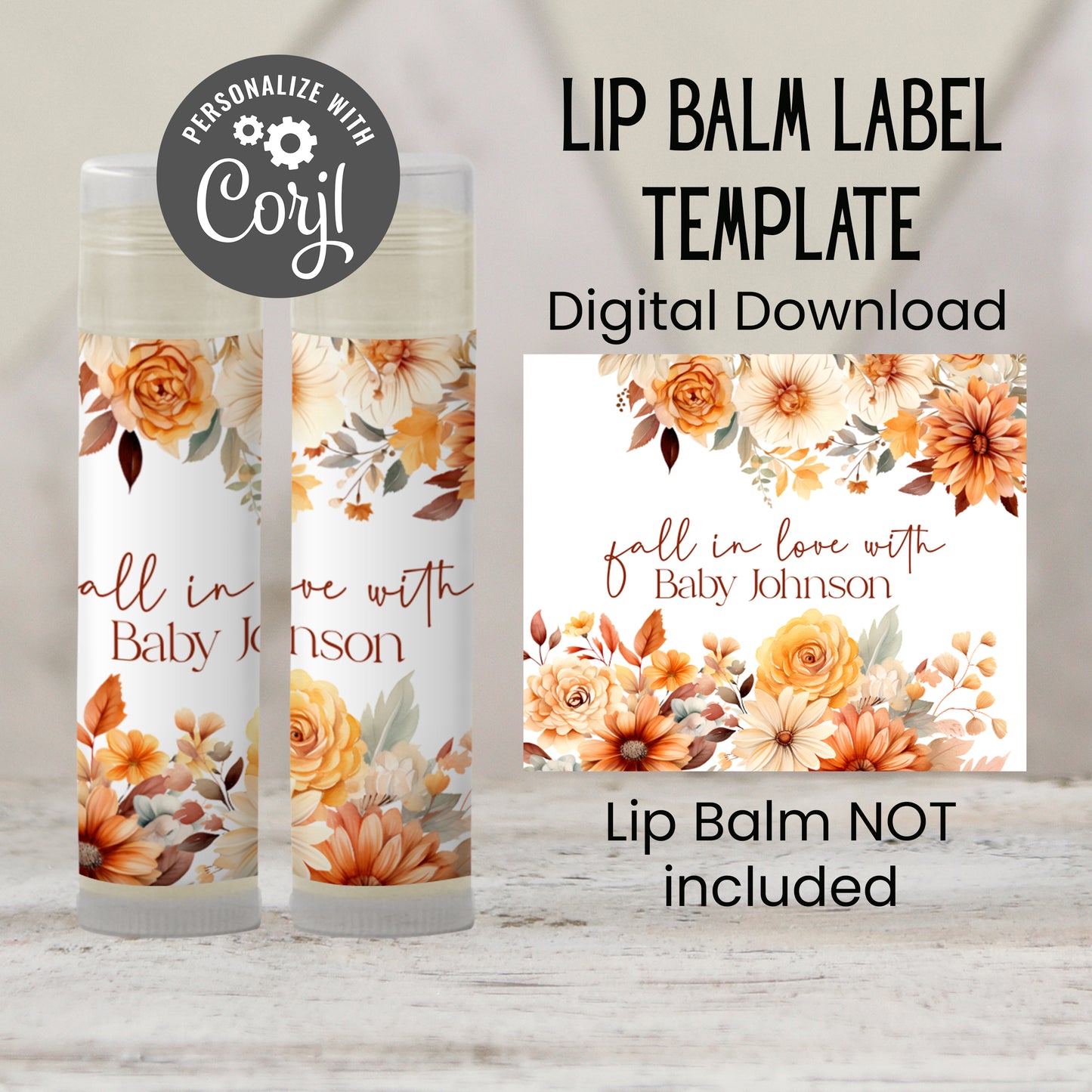 Fall in Love Baby Shower Lip Balm Label Template: Rustic Autumn Floral Favor