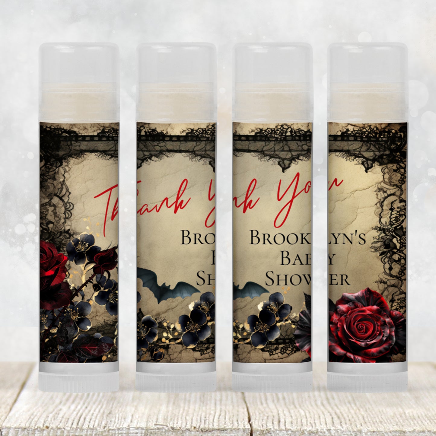 Gothic Halloween Lip Balm Favors: Spooky Vintage Baby Shower Guest Gift