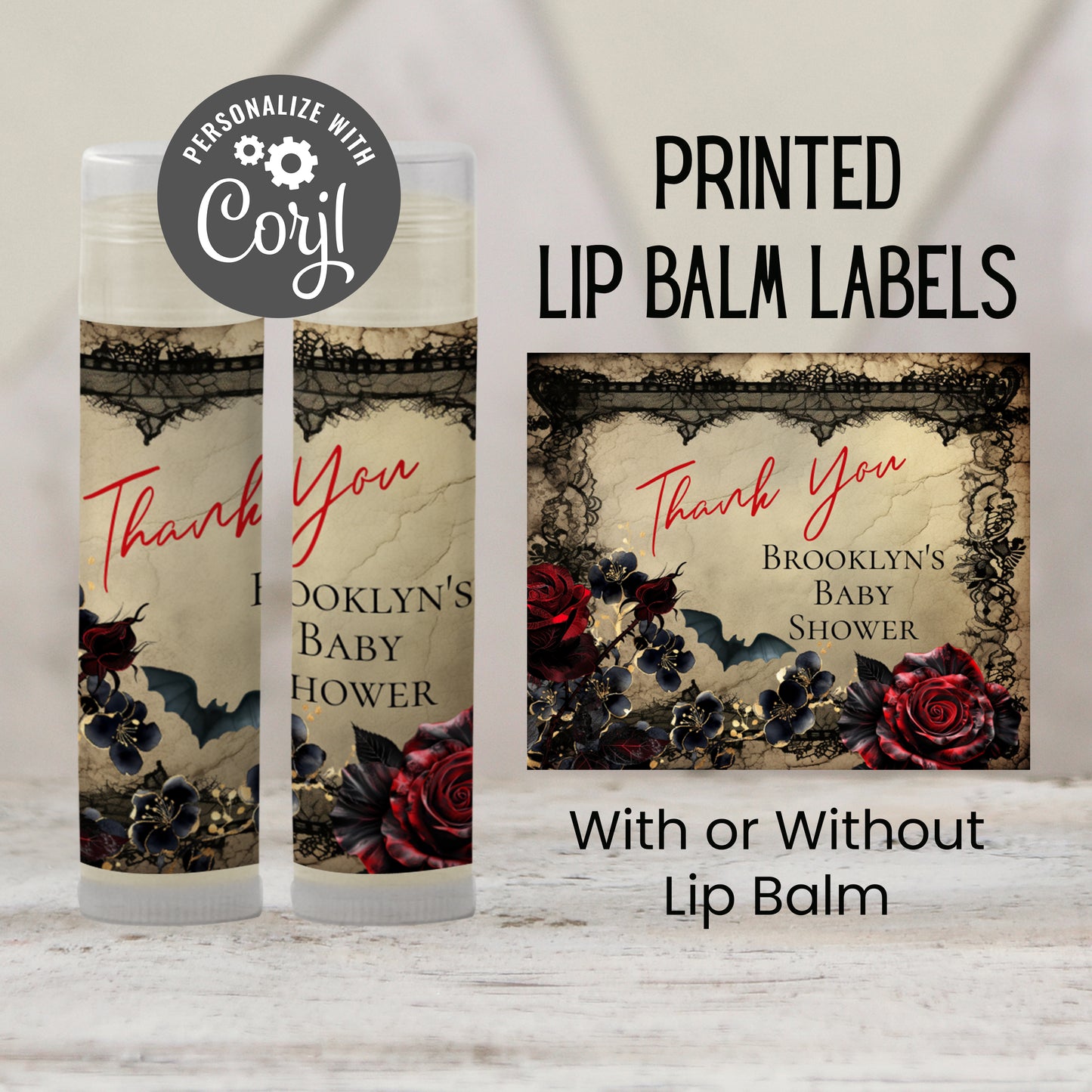 Gothic Halloween Lip Balm Favors: Spooky Vintage Baby Shower Guest Gift