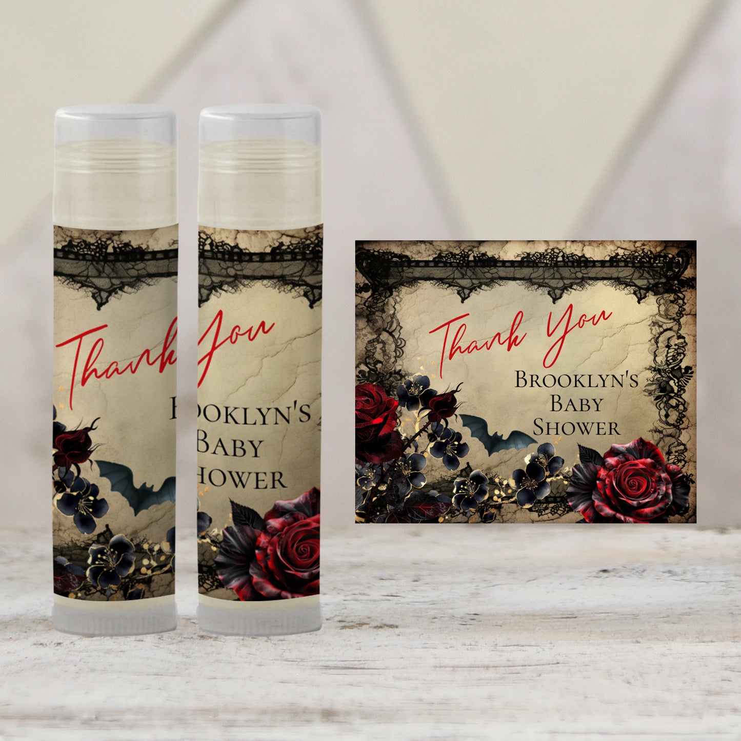 Gothic Halloween Lip Balm Favors: Spooky Vintage Baby Shower Guest Gift