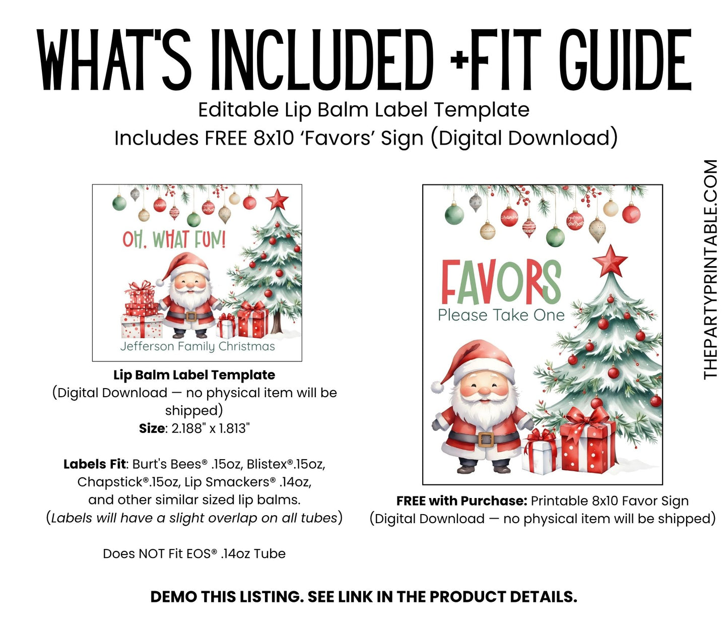 Oh What Fun Christmas Lip Balm Favor Label TEMPLATE | Editable Holiday Party Favor | Santa Christmas Printable for Kids or Adult Party 3600