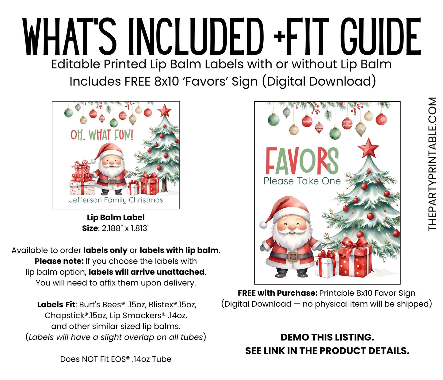 Oh What Fun Christmas Favors PRINTED Lip Balm Labels or Lip Balm | Holiday Guest Gift | Santa Winter Party Favor for Kids or Adults 3600