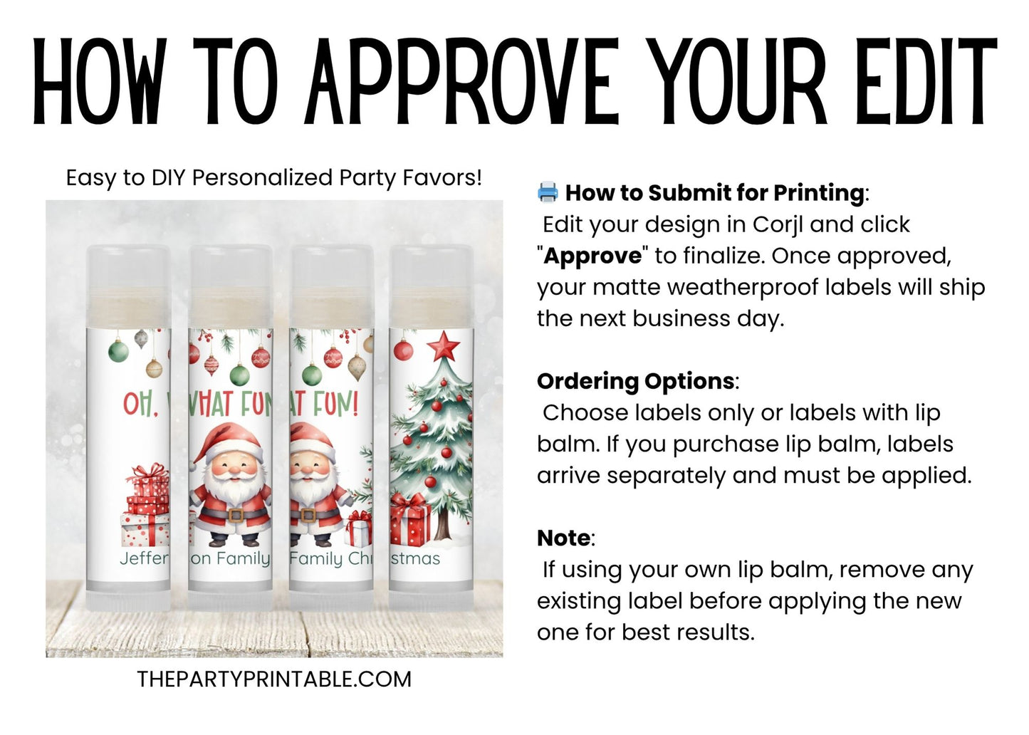 Oh What Fun Christmas Favors PRINTED Lip Balm Labels or Lip Balm | Holiday Guest Gift | Santa Winter Party Favor for Kids or Adults 3600